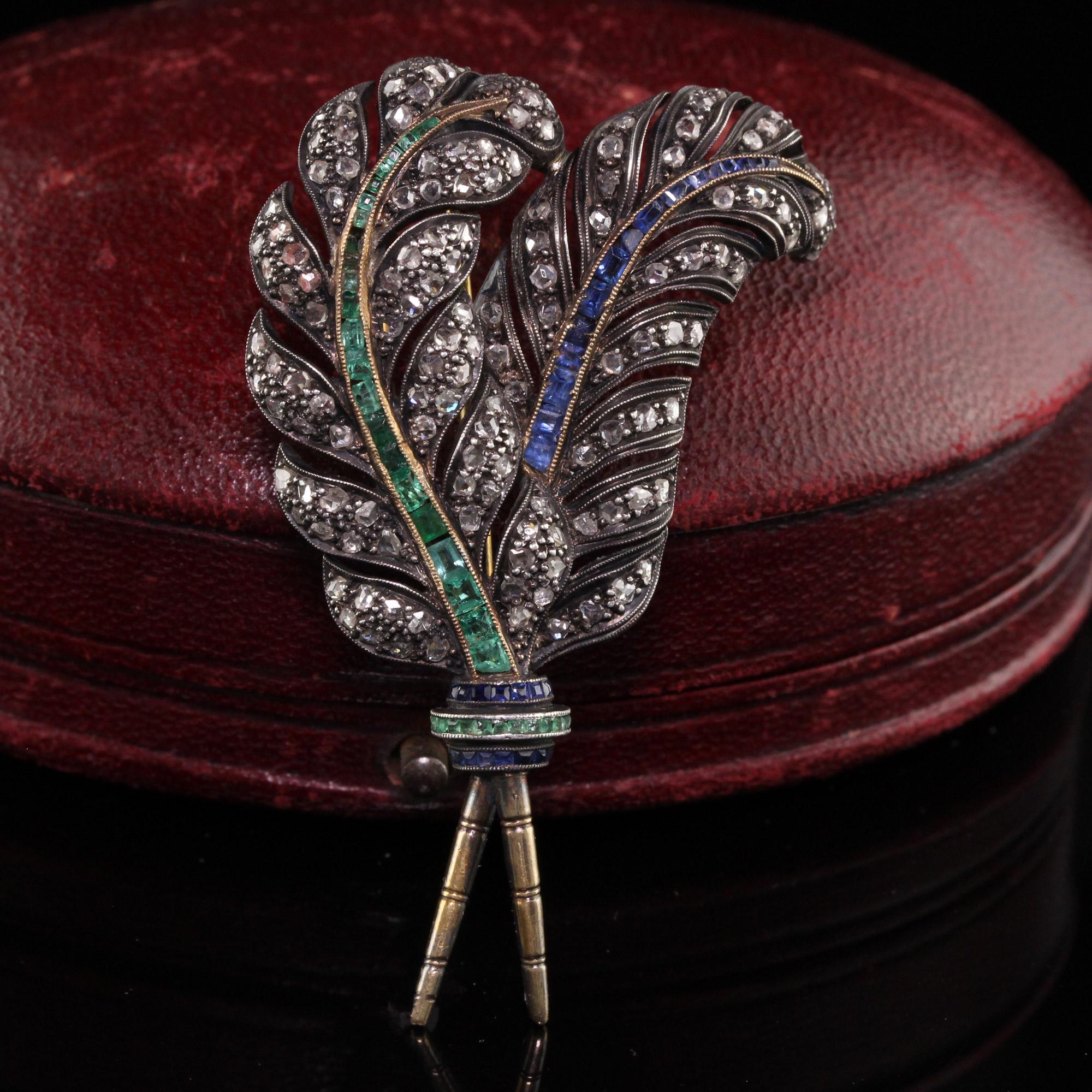 Beautiful Antique Vintage 18K Yellow Gold and Silver Rose Cut Diamond Wheat Pin. This incredible pin is crafted in 18k yellow gold and silver. The top of the pin has rose cut diamonds, natural emeralds, and natural sapphires on it. The pin is in