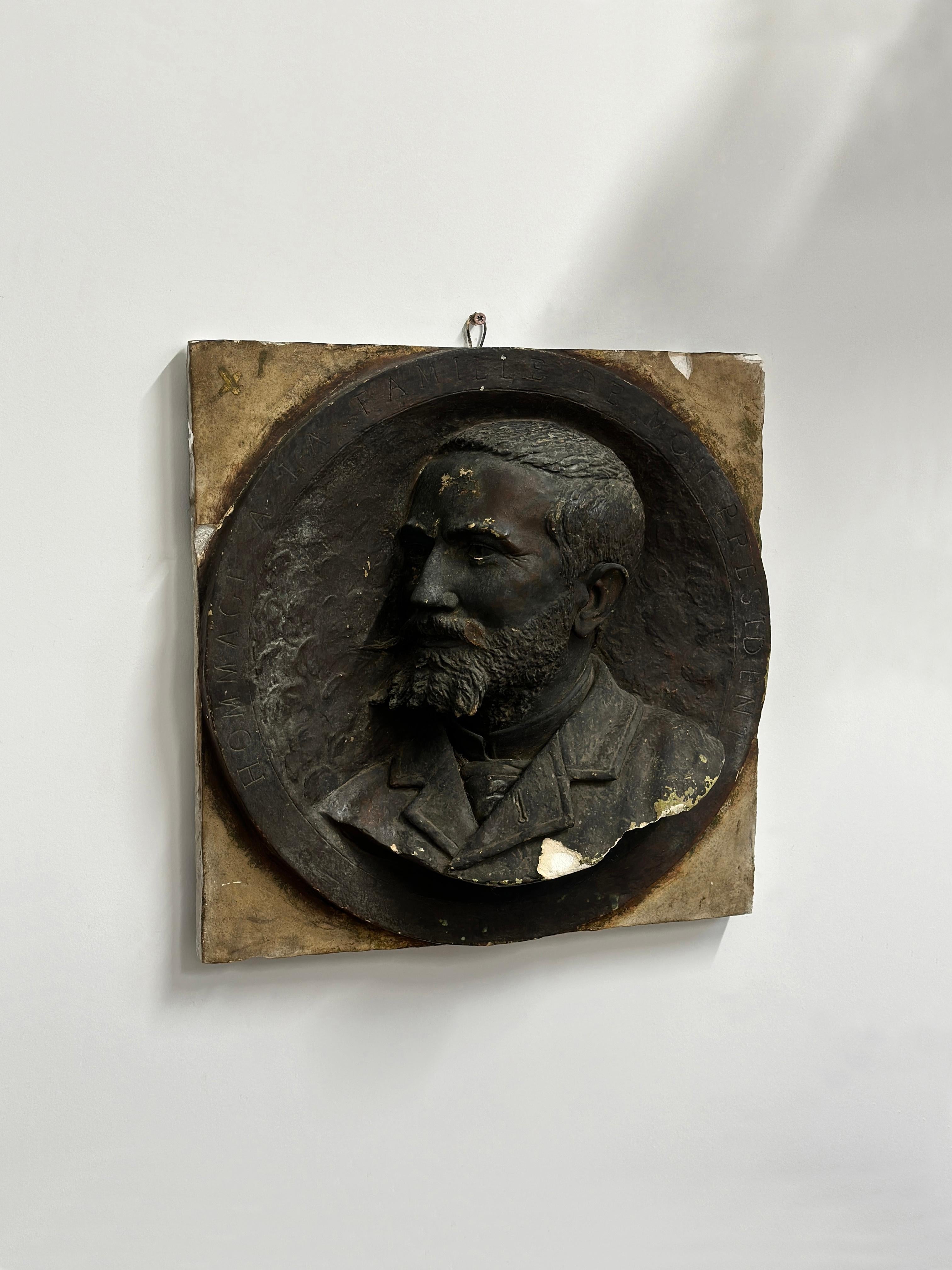 Antique Vintage 19th Century Plaster Wall Bust Of A Bearded Man With Inscription In Fair Condition For Sale In Sale, GB