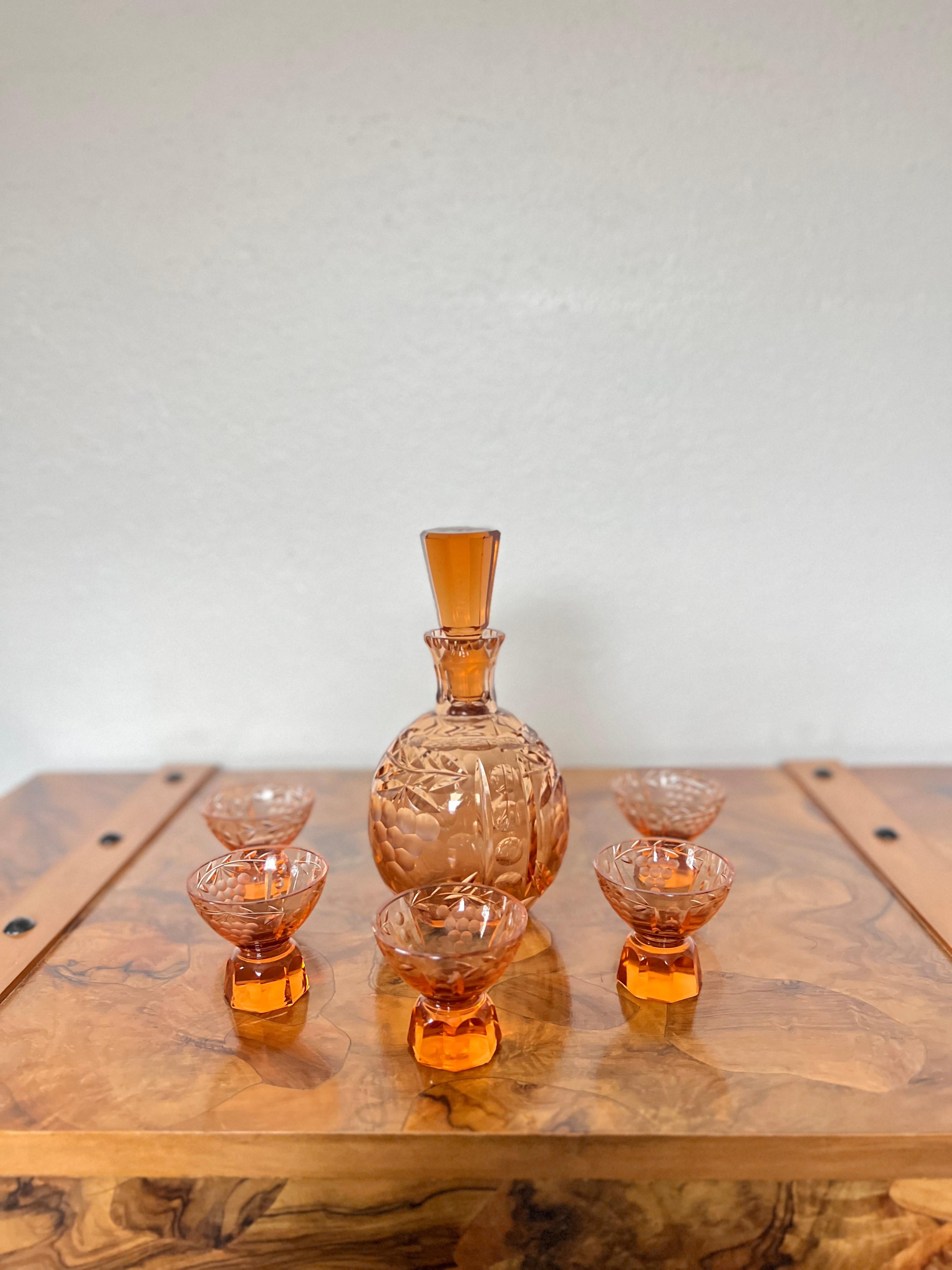 Antique Vintage Amber Cut Crystal Decanter Set with 5 Cups 3
