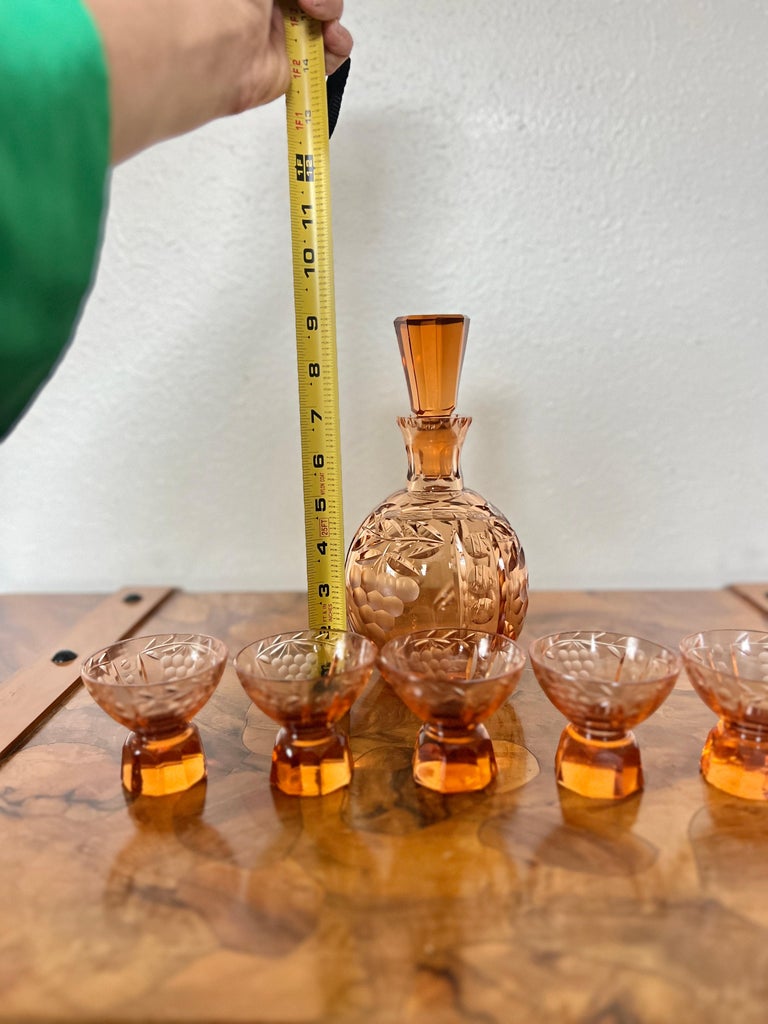 Antique Vintage Amber Cut Crystal Decanter Set with 5 Cups For Sale at