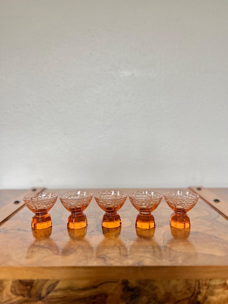 Antique Vintage Amber Cut Crystal Decanter Set with 5 Cups For Sale at