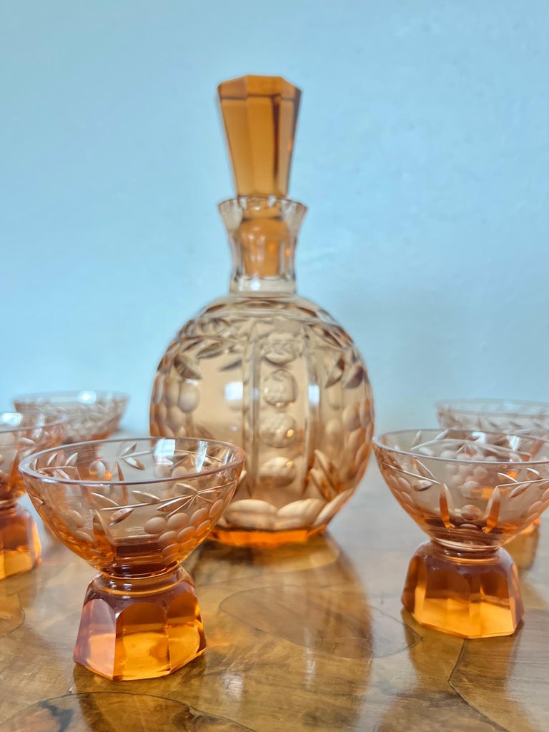 Antique Vintage Amber Cut Crystal Decanter Set with 5 Cups For Sale at