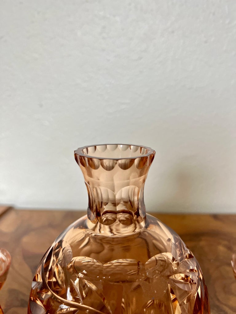 Antique Vintage Amber Cut Crystal Decanter Set with 5 Cups For Sale at