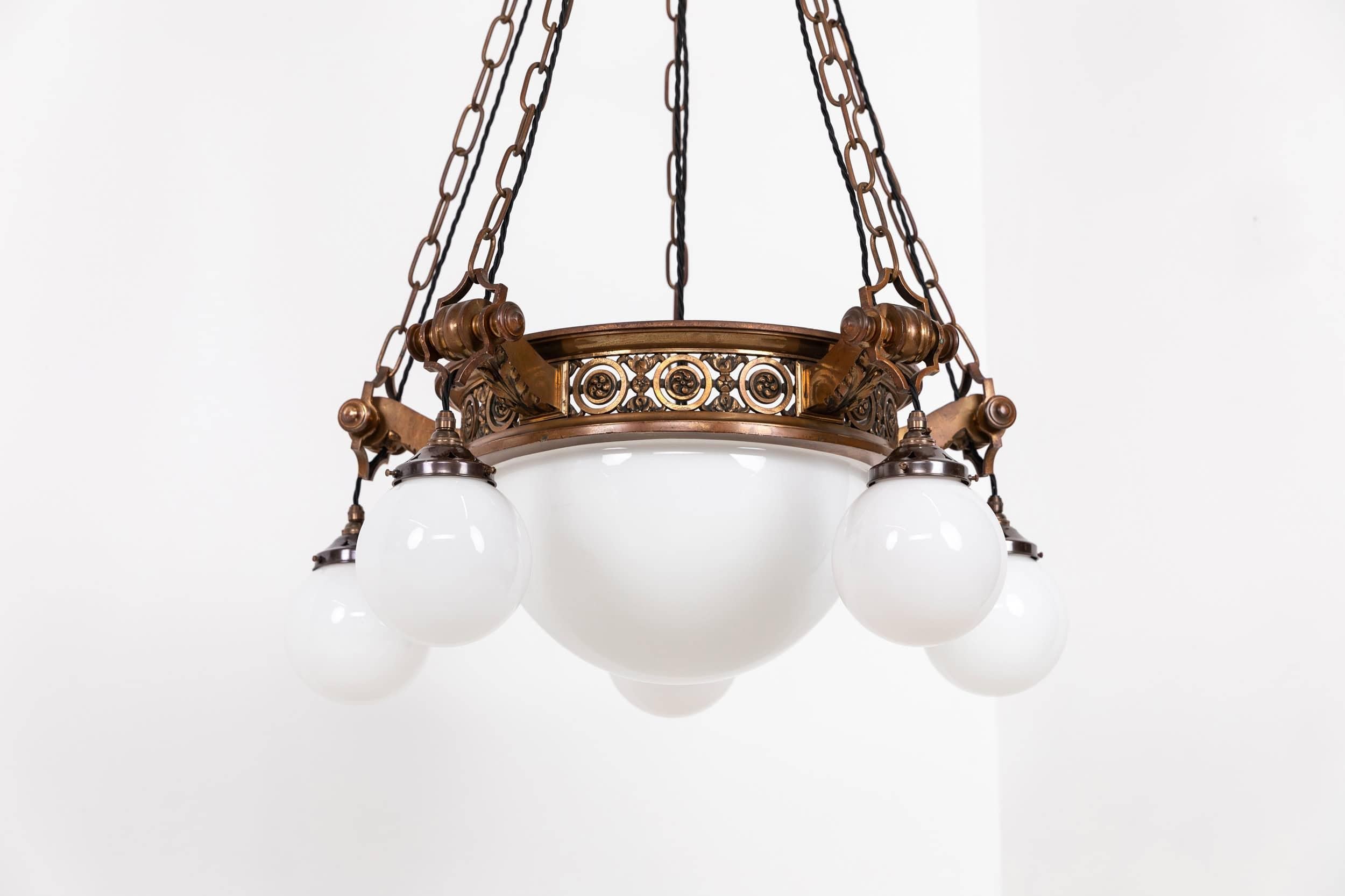 English Antique Vintage Art Deco Brass & Opaline Glass Plafonnier Chandelier, c.1920