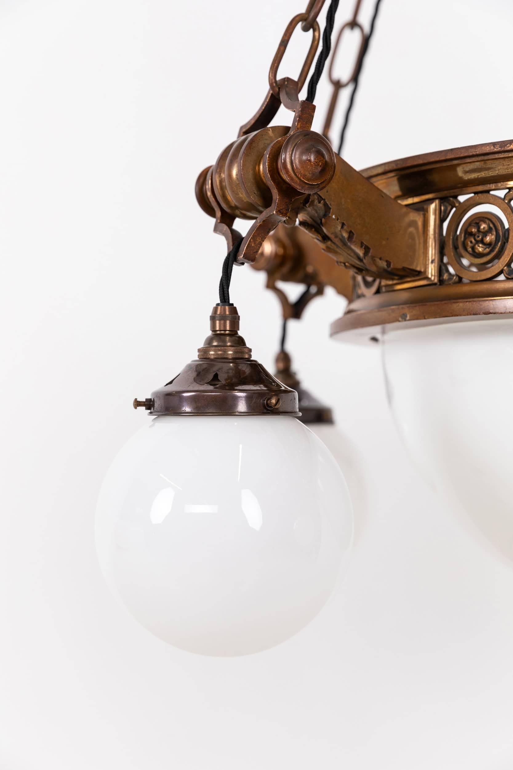 Cast Antique Vintage Art Deco Brass & Opaline Glass Plafonnier Chandelier, c.1920