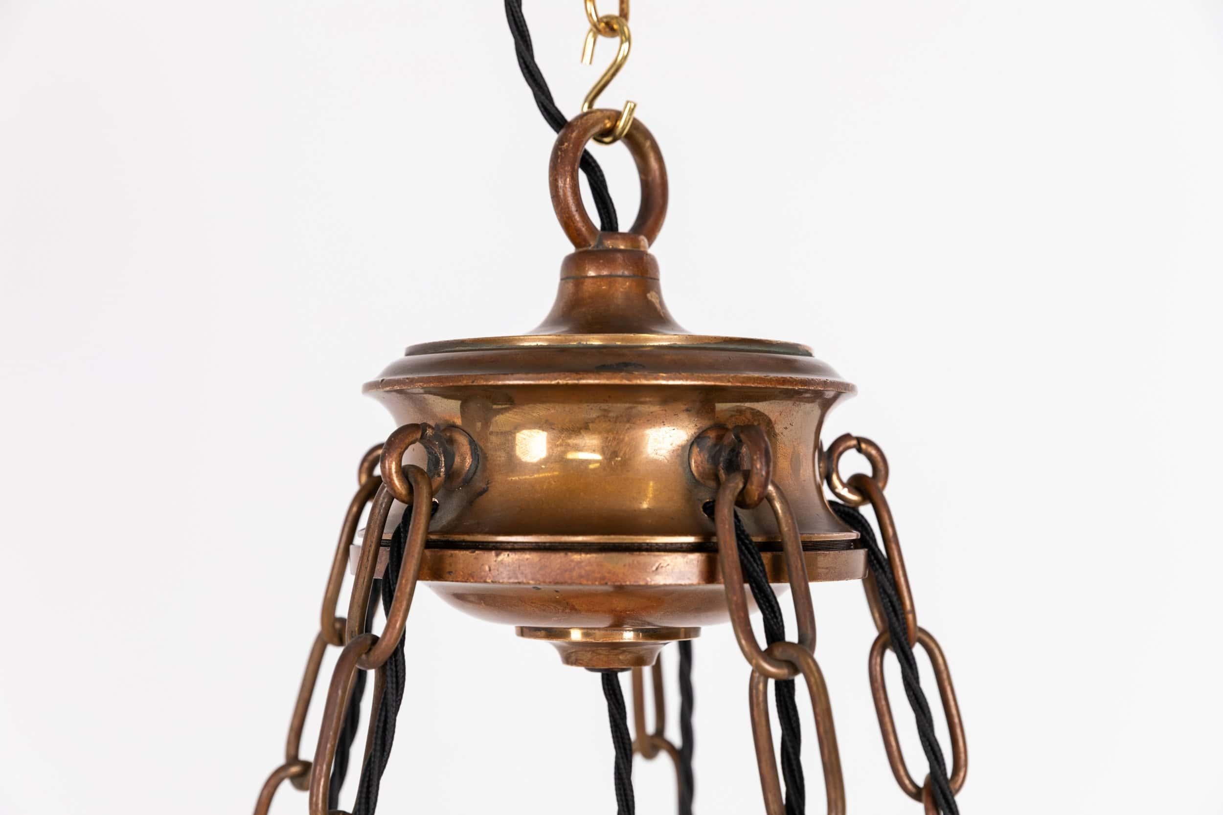 Antique Vintage Art Deco Brass & Opaline Glass Plafonnier Chandelier, c.1920 1