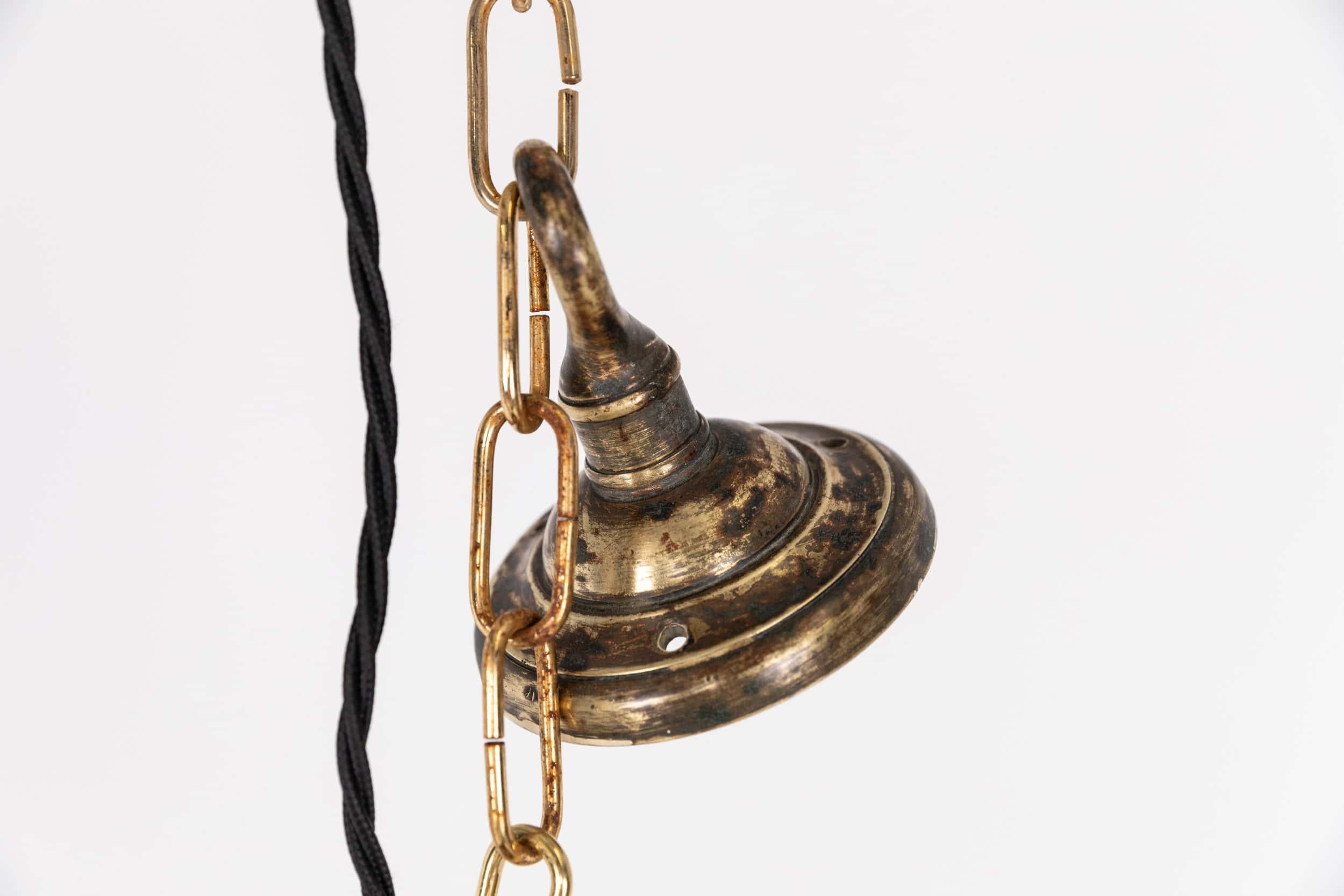 Antique Vintage Art Deco Brass & Opaline Glass Plafonnier Chandelier, c.1920 2