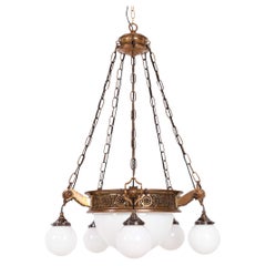 Antique Vintage Art Deco Brass & Opaline Glass Plafonnier Chandelier, c.1920