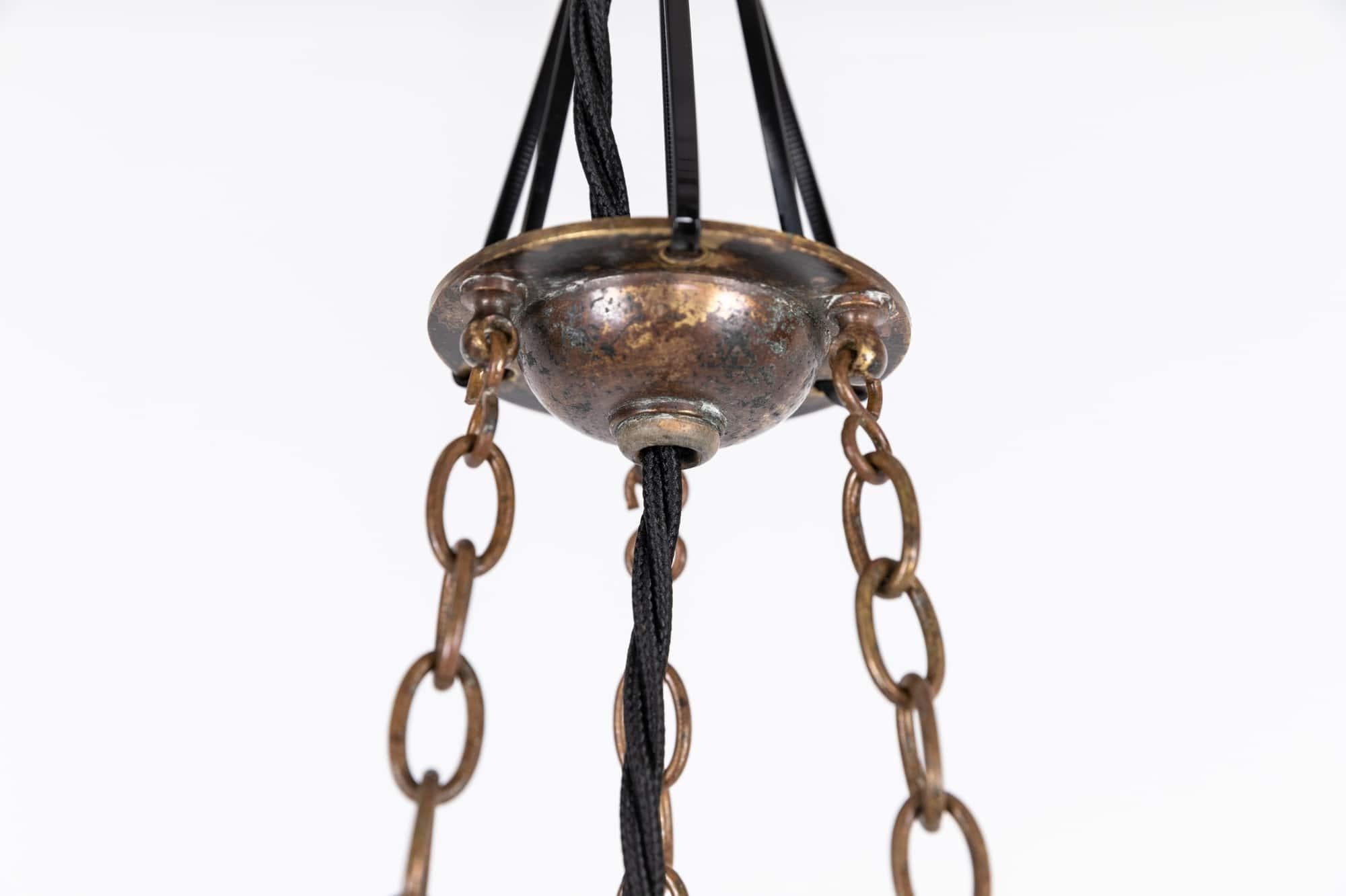 Antique Vintage Art Deco Brass & Opaline Glass Plafonnier Pendant Lamp, c.1930 In Good Condition For Sale In London, GB