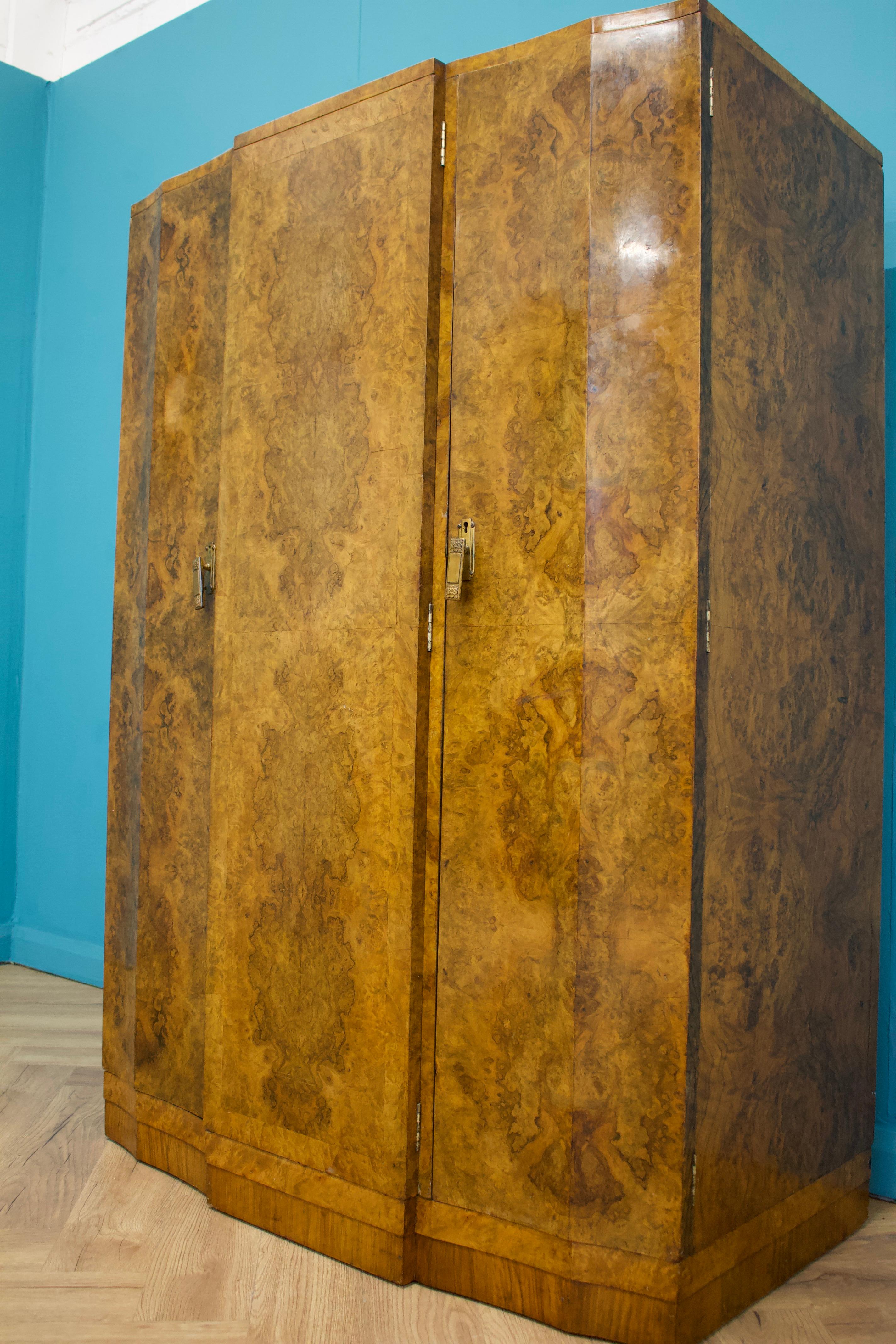 Antique Vintage Art Deco Burr Walnut Compact Compactum Wardrobe, 1930s In Good Condition In South Shields, GB
