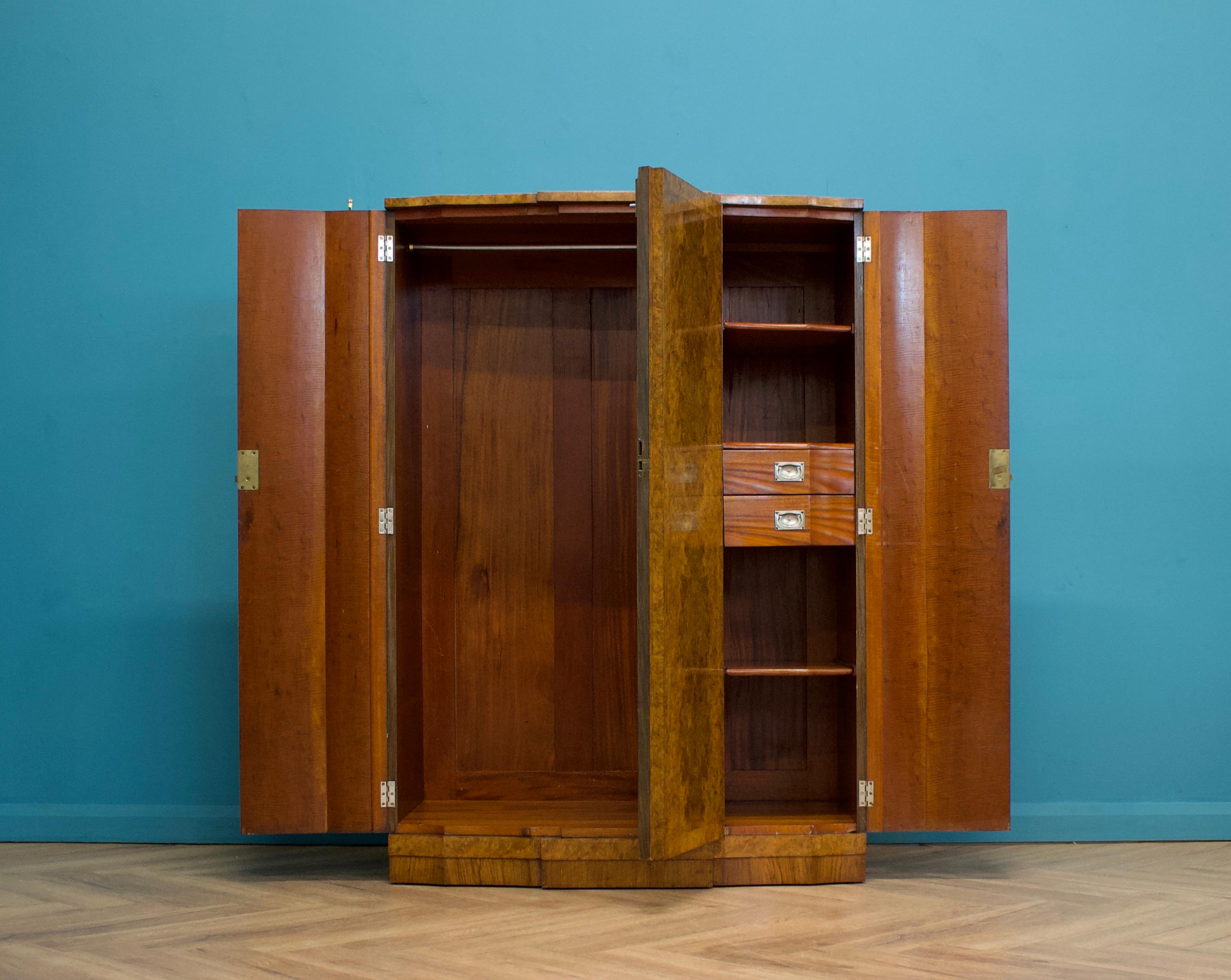 Mid-20th Century Antique Vintage Art Deco Burr Walnut Compact Compactum Wardrobe, 1930s