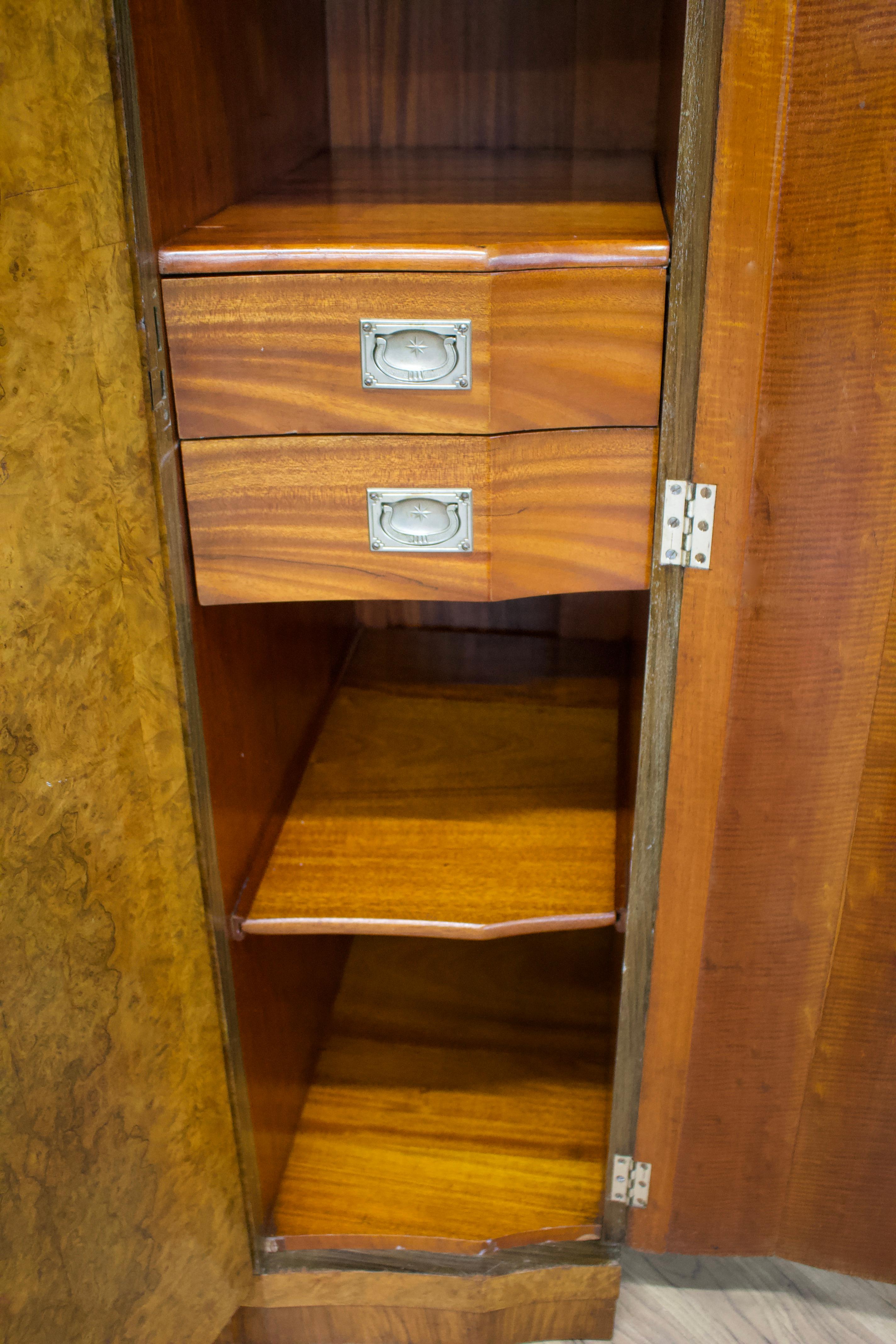 Wood Antique Vintage Art Deco Burr Walnut Compact Compactum Wardrobe, 1930s