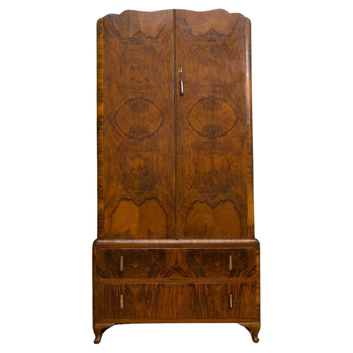 Antique Vintage Art Deco Burr Walnut Compact Compactum Wardrobe, 1930s