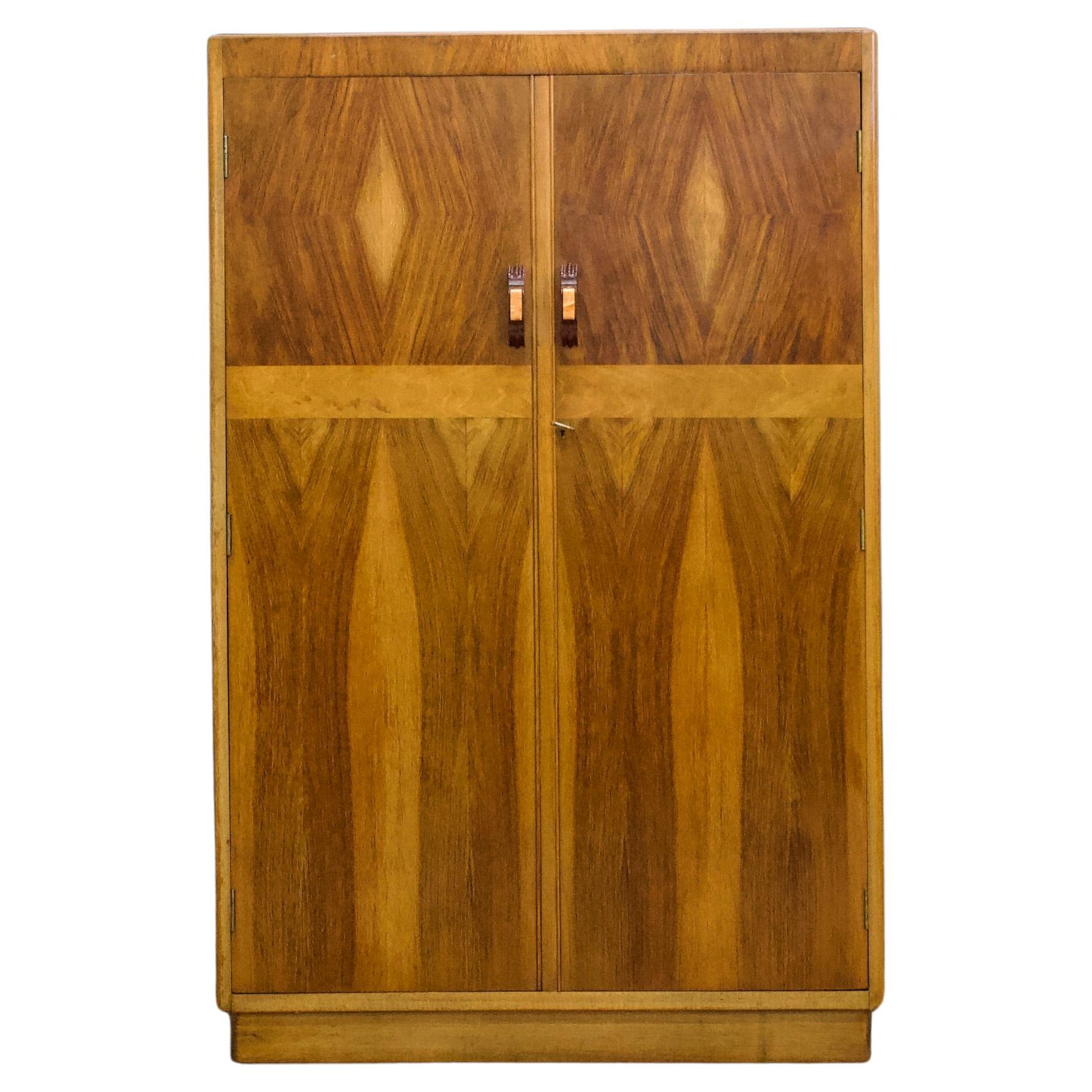 Antique Vintage Art Deco Burr Walnut Compact Compactum Wardrobe, 1930s