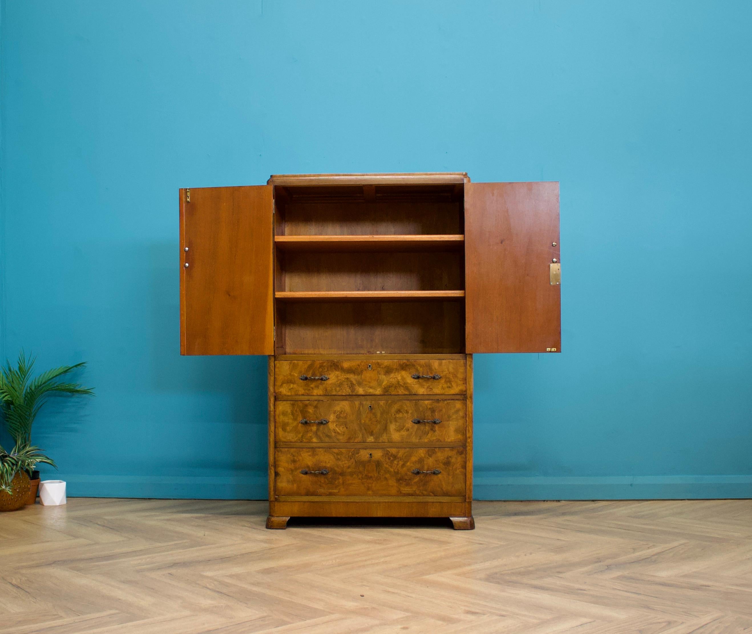 British Antique Vintage Art Deco Burr Walnut Tallboy Linen Cabinet, 1930s