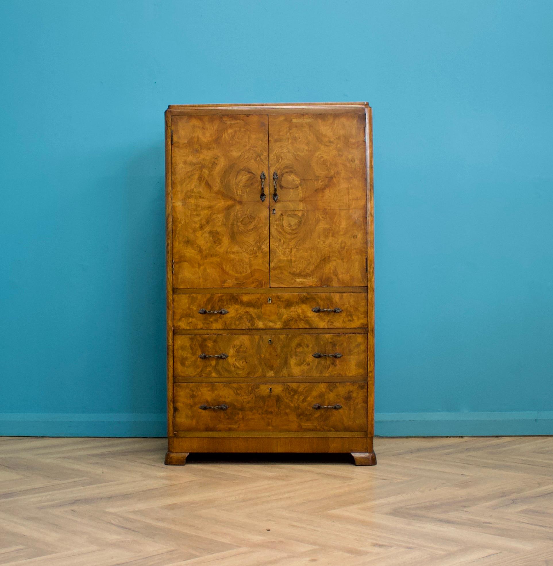 Veneer Antique Vintage Art Deco Burr Walnut Tallboy Linen Cabinet, 1930s