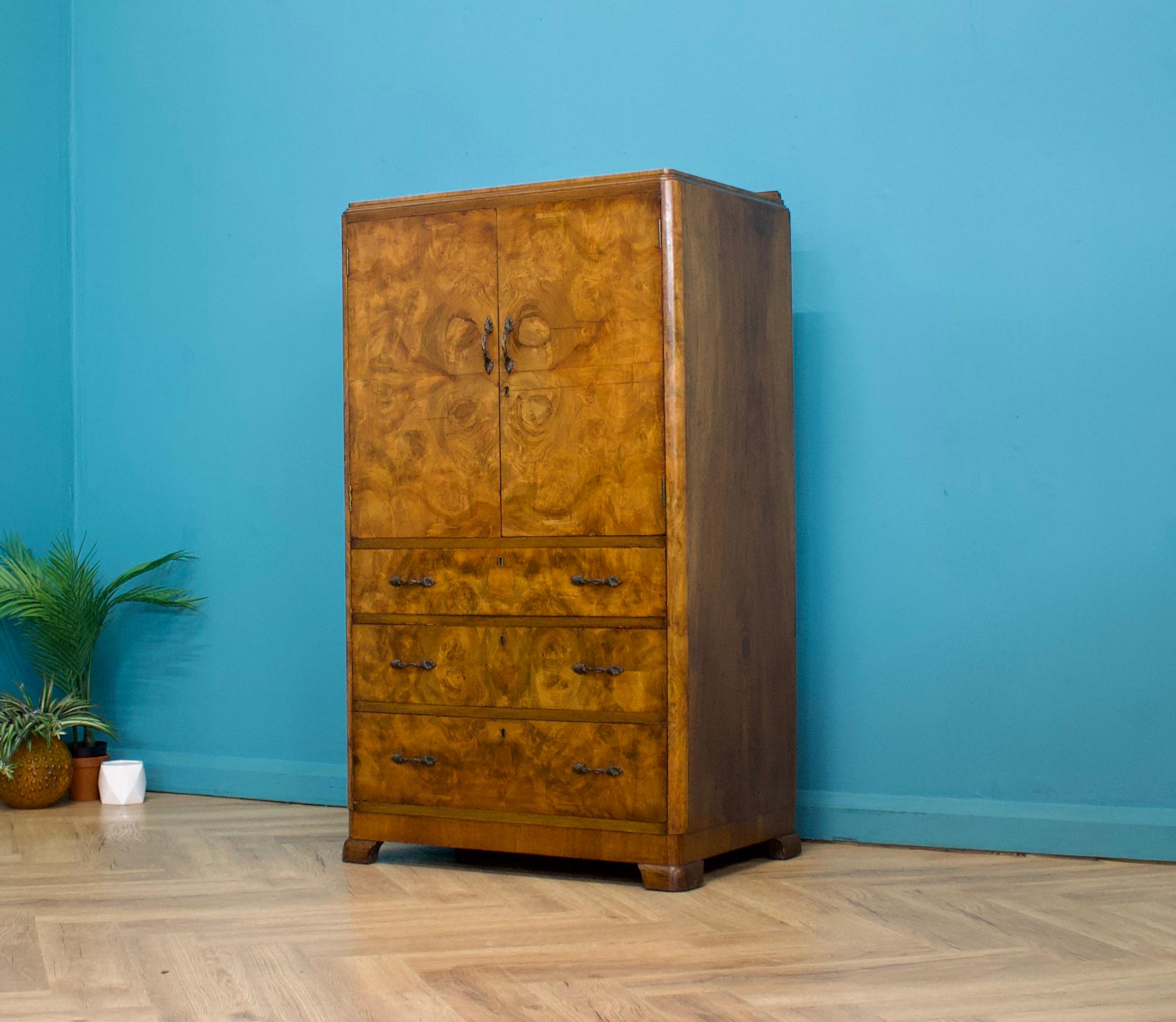 Antique Vintage Art Deco Burr Walnut Tallboy Linen Cabinet, 1930s In Good Condition In South Shields, GB
