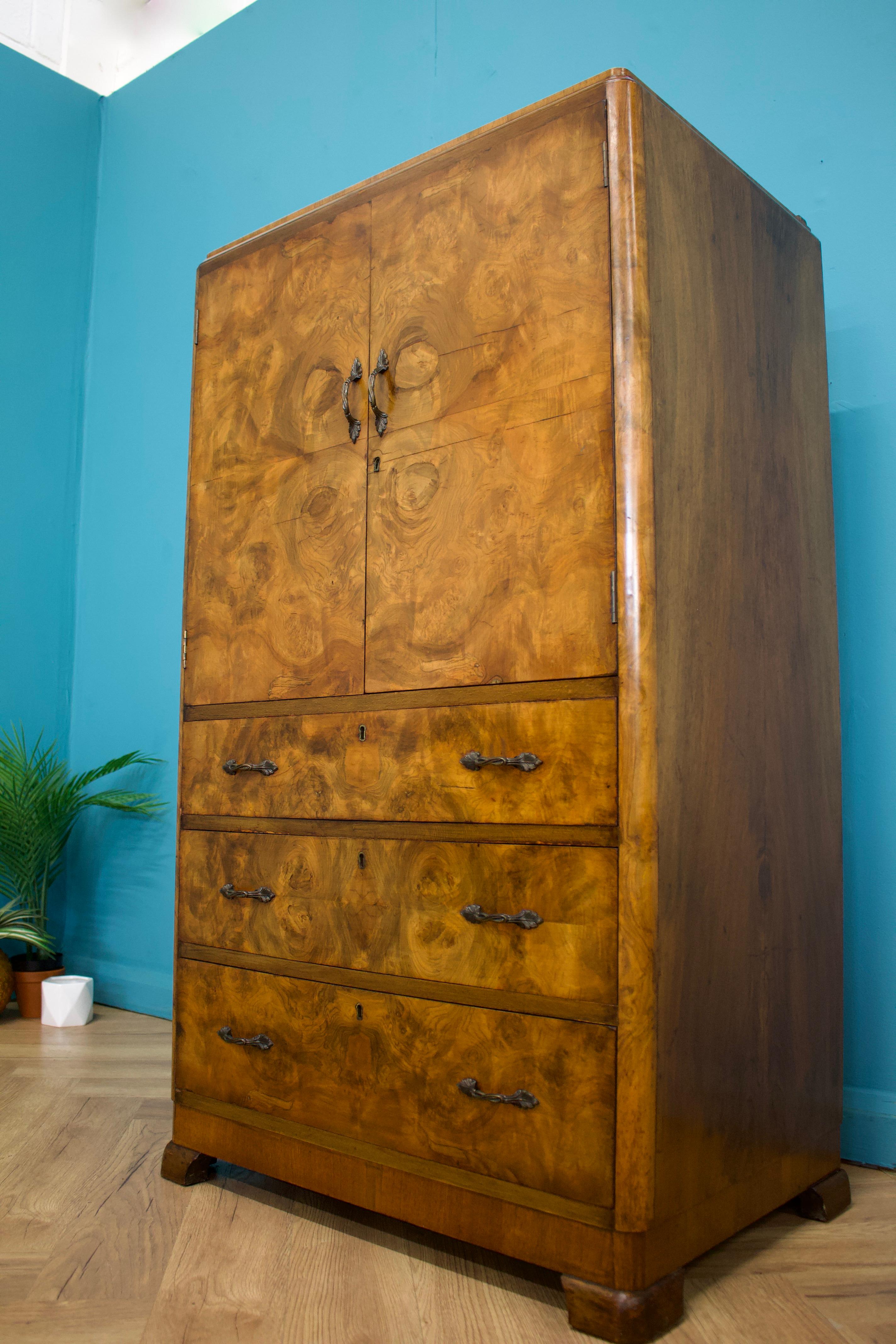 Mid-20th Century Antique Vintage Art Deco Burr Walnut Tallboy Linen Cabinet, 1930s