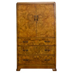 Antique Vintage Art Deco Burr Walnut Tallboy Linen Cabinet, 1930s