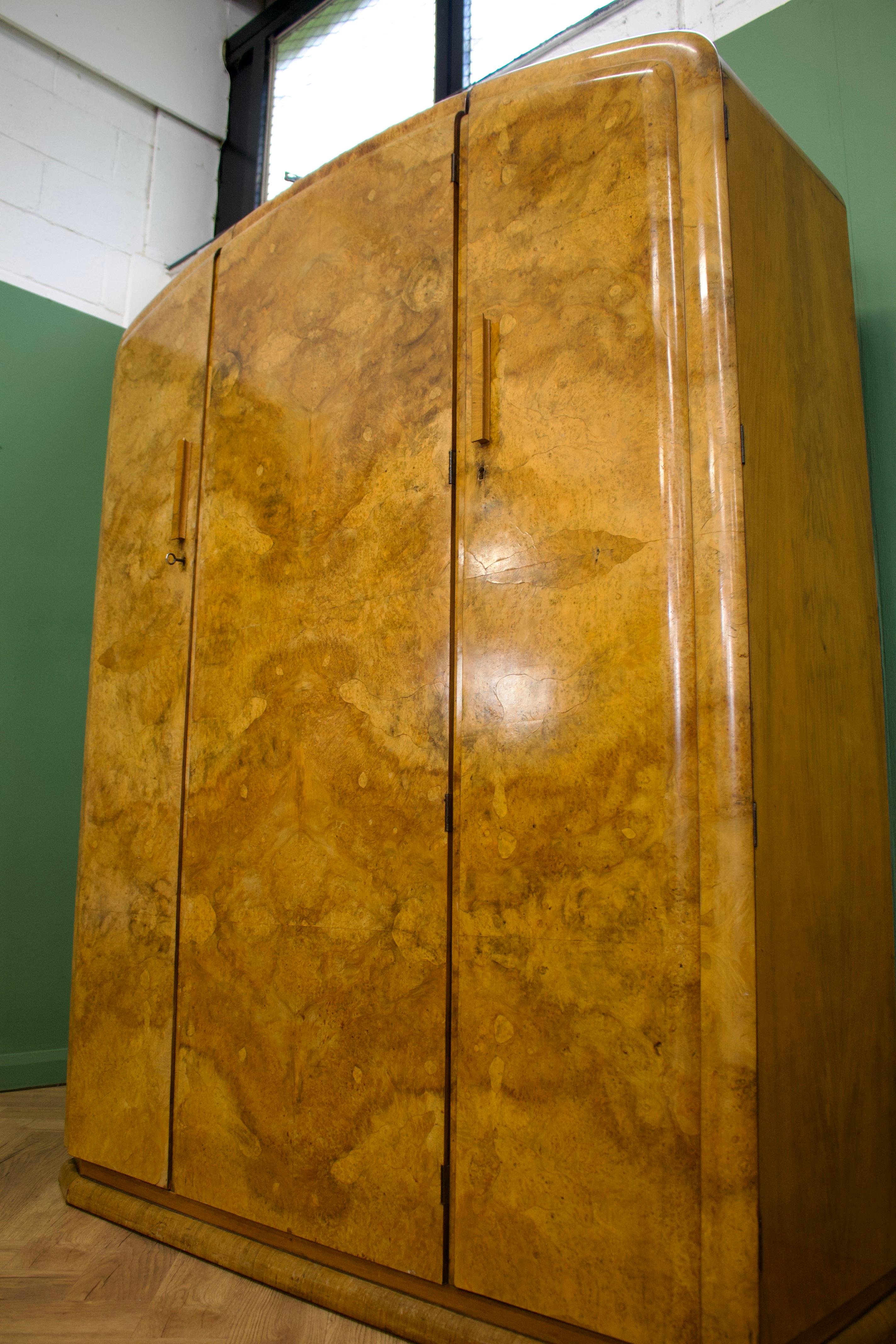 Antique Vintage Art Deco Burr Walnut Triple Door Wardrobe, 1930s In Good Condition In South Shields, GB