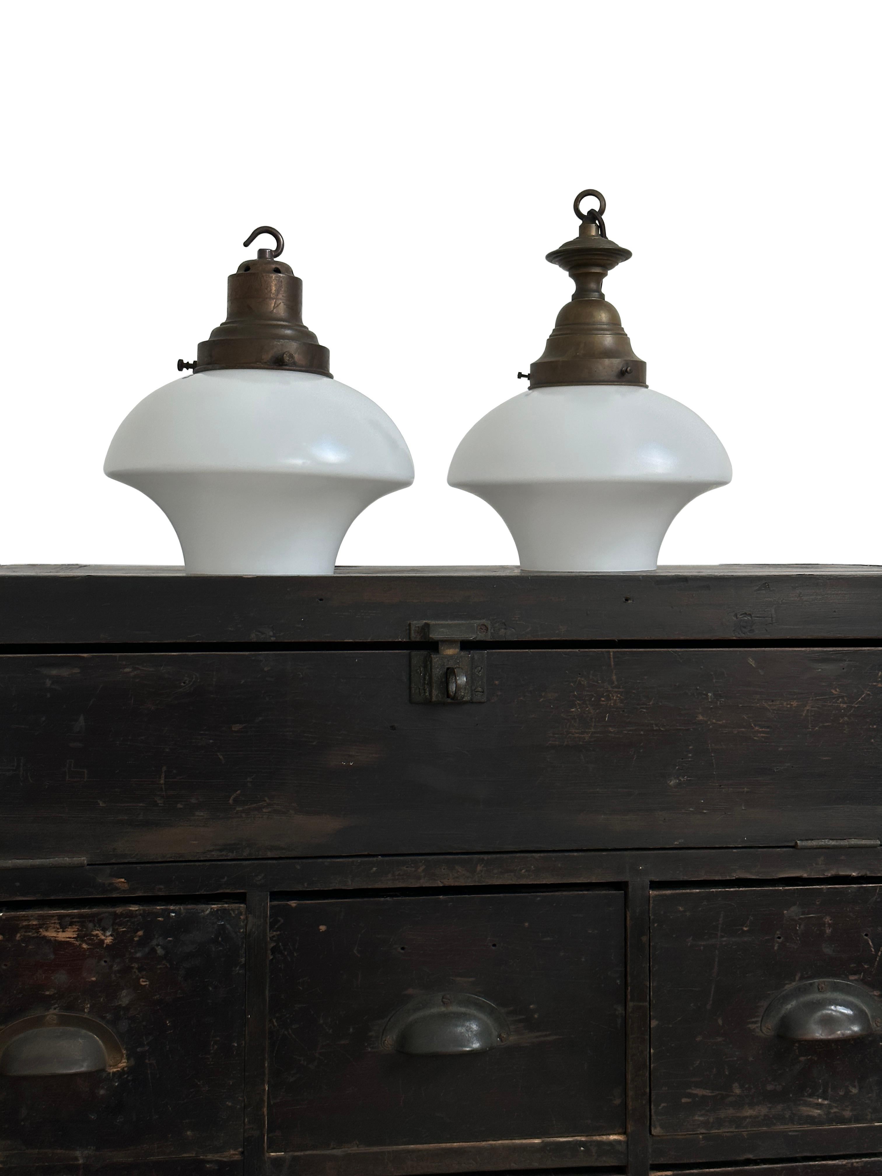British Antique Vintage Art Deco Church Opaline Milk Glass Ceiling Pendant Light Lamp For Sale