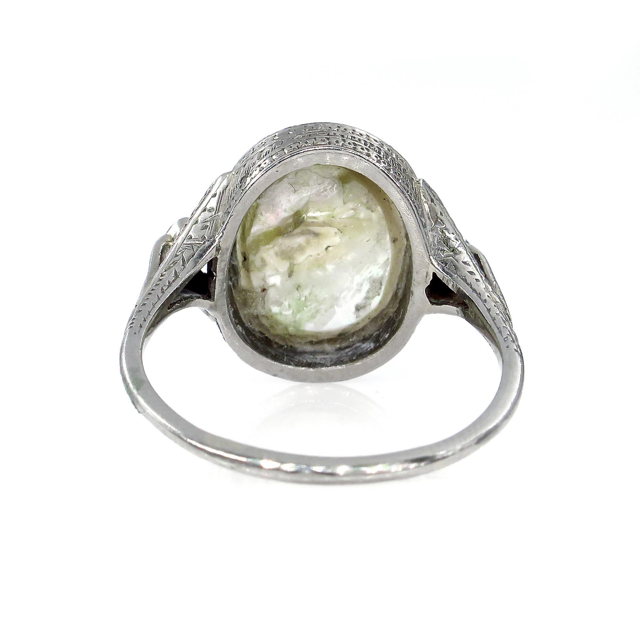 Oval Cut Antique Vintage Art Deco Mother of Pearl and Diamond Platinum Ring