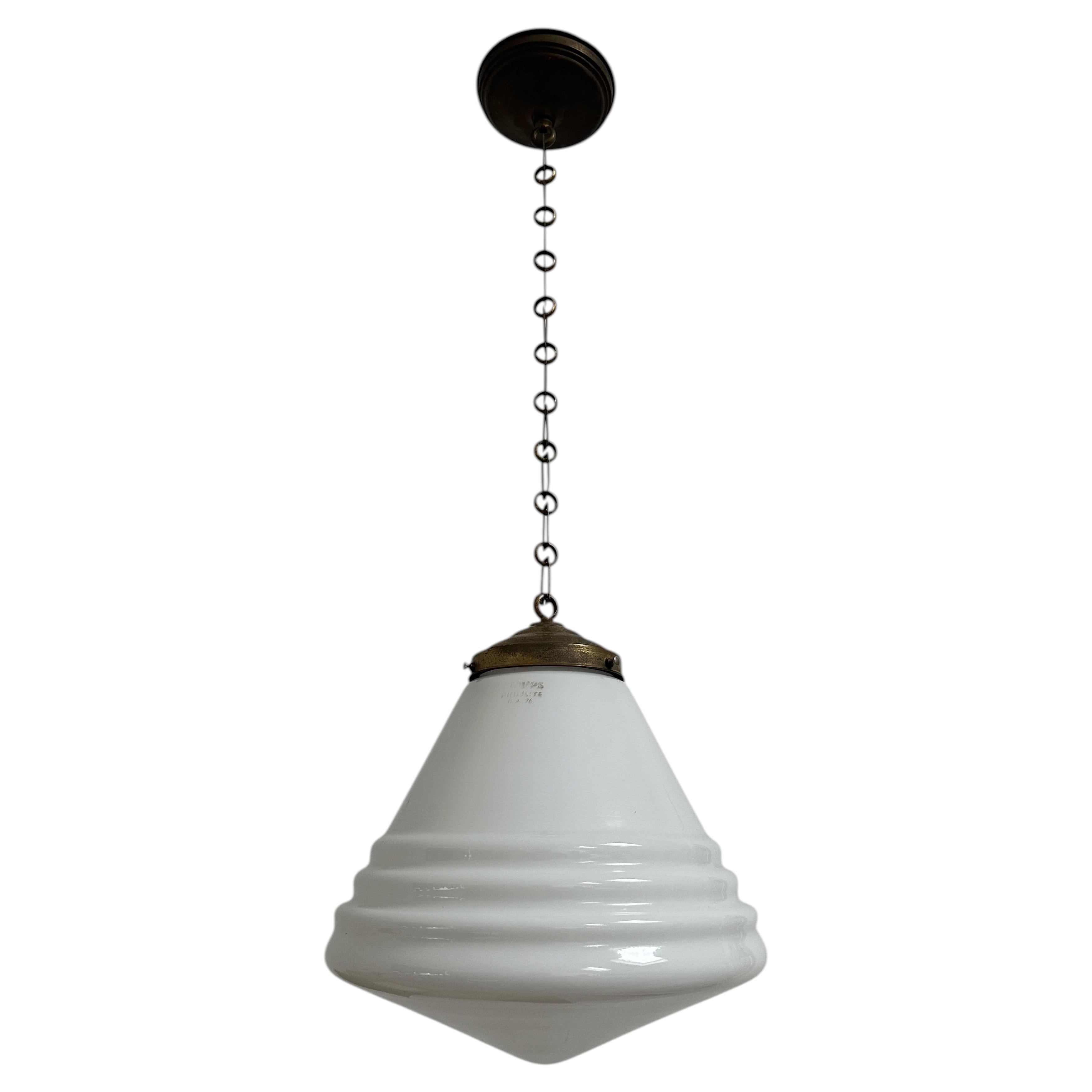 Antique Vintage Art Deco Opaline Glass Philips Phililite Ceiling Pendant Light