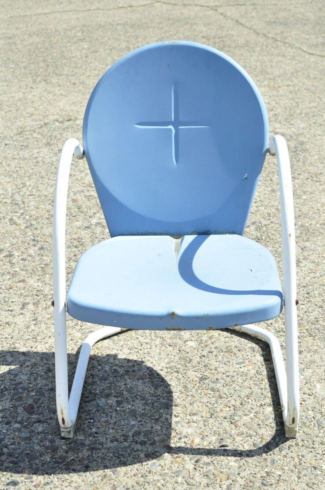Antique Vintage Art Deco Steel Metal Blue Garden Patio Outdoor Chair For Sale 3