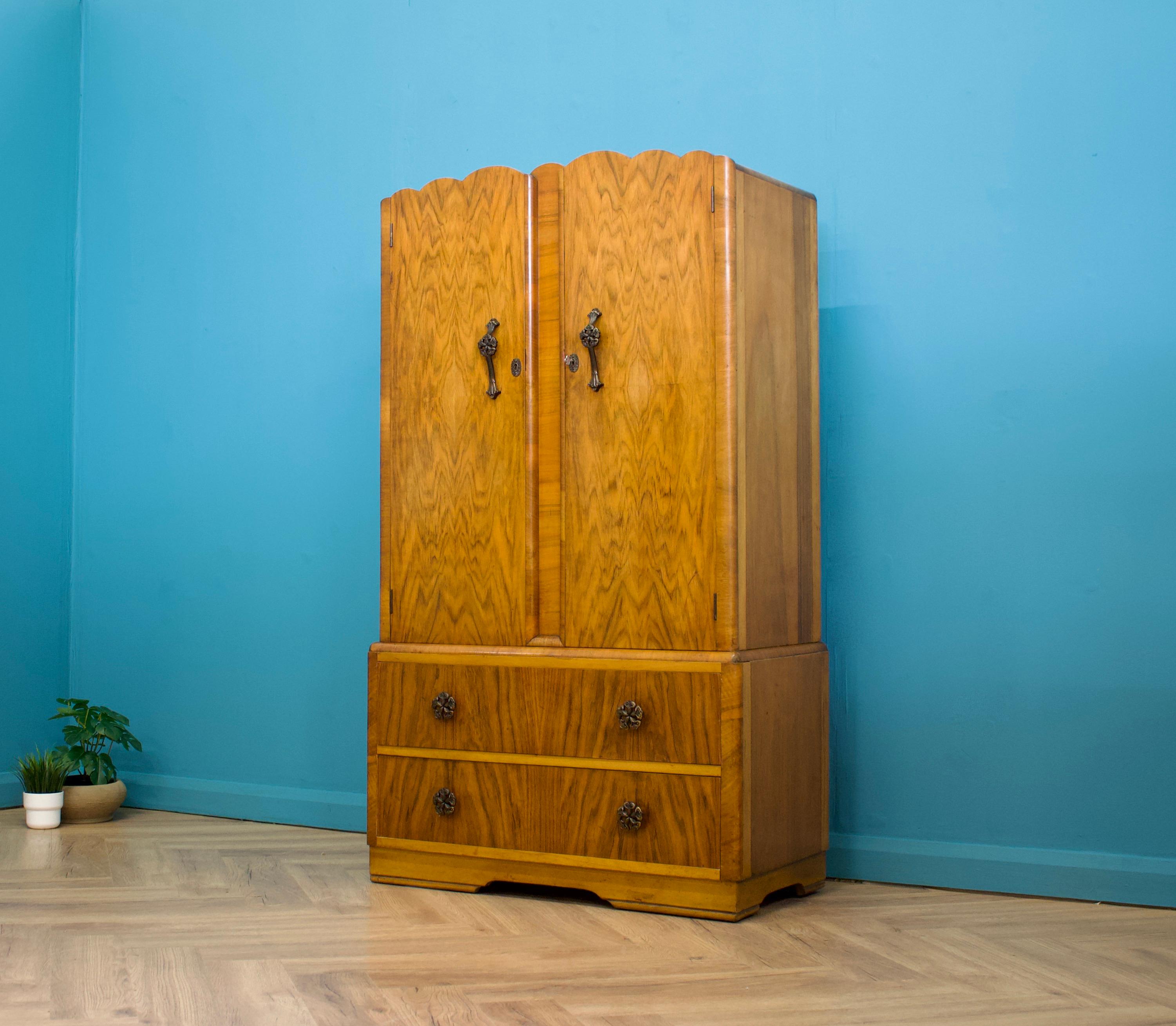 British Antique Vintage Art Deco Style Burr Walnut Compact Compactum Wardrobe, 1950s