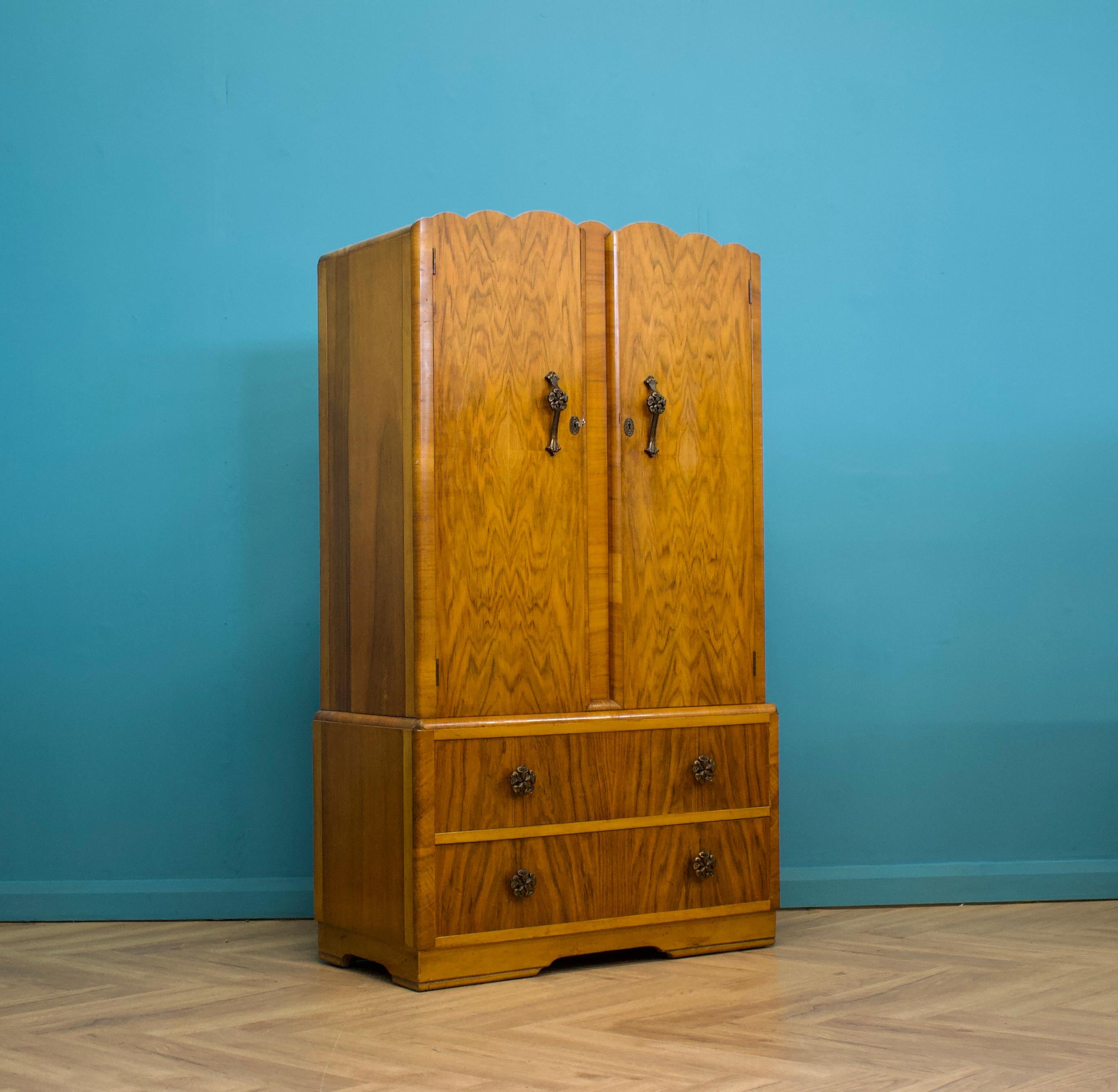 Veneer Antique Vintage Art Deco Style Burr Walnut Compact Compactum Wardrobe, 1950s