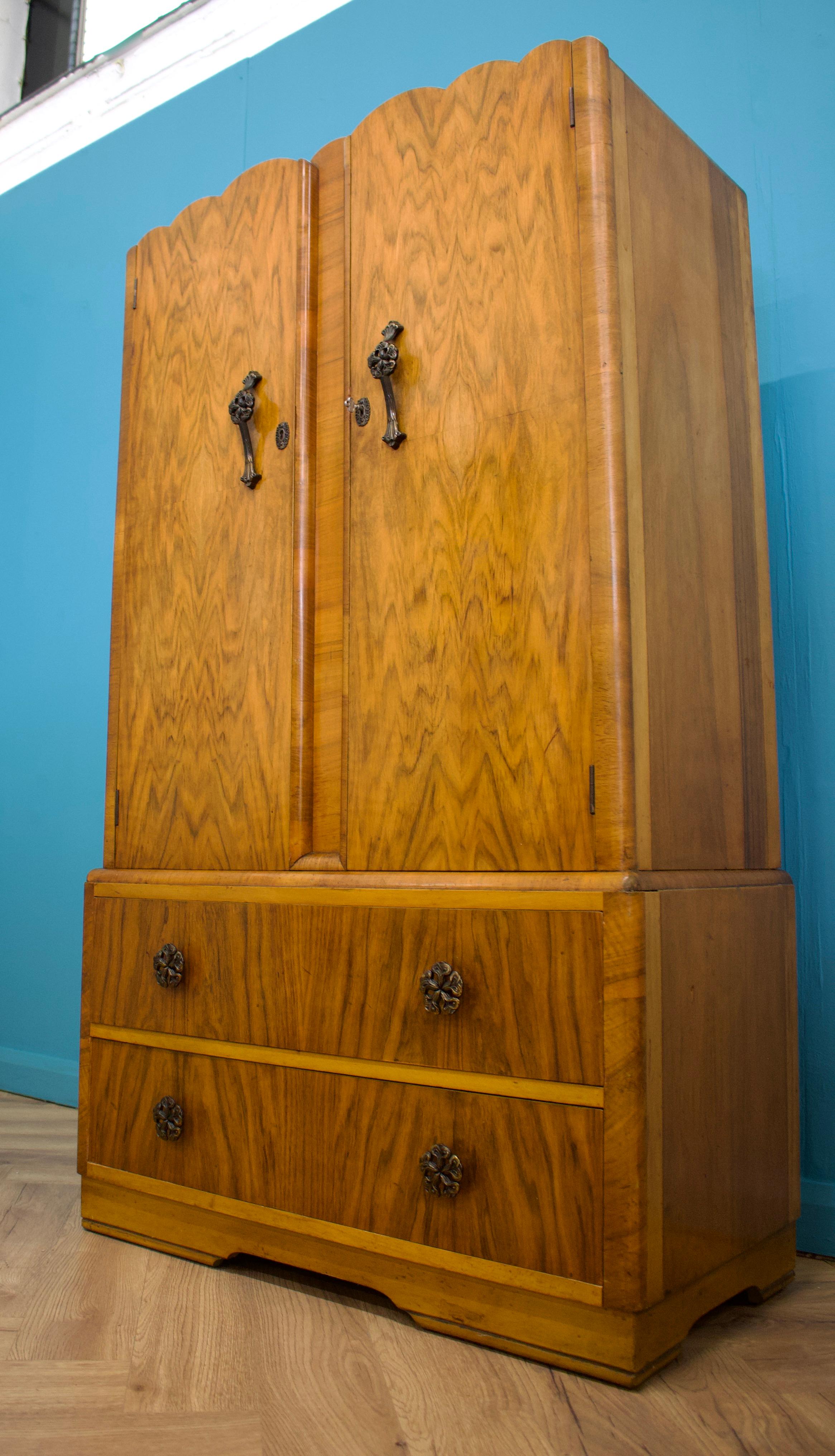 Antique Vintage Art Deco Style Burr Walnut Compact Compactum Wardrobe, 1950s In Good Condition In South Shields, GB