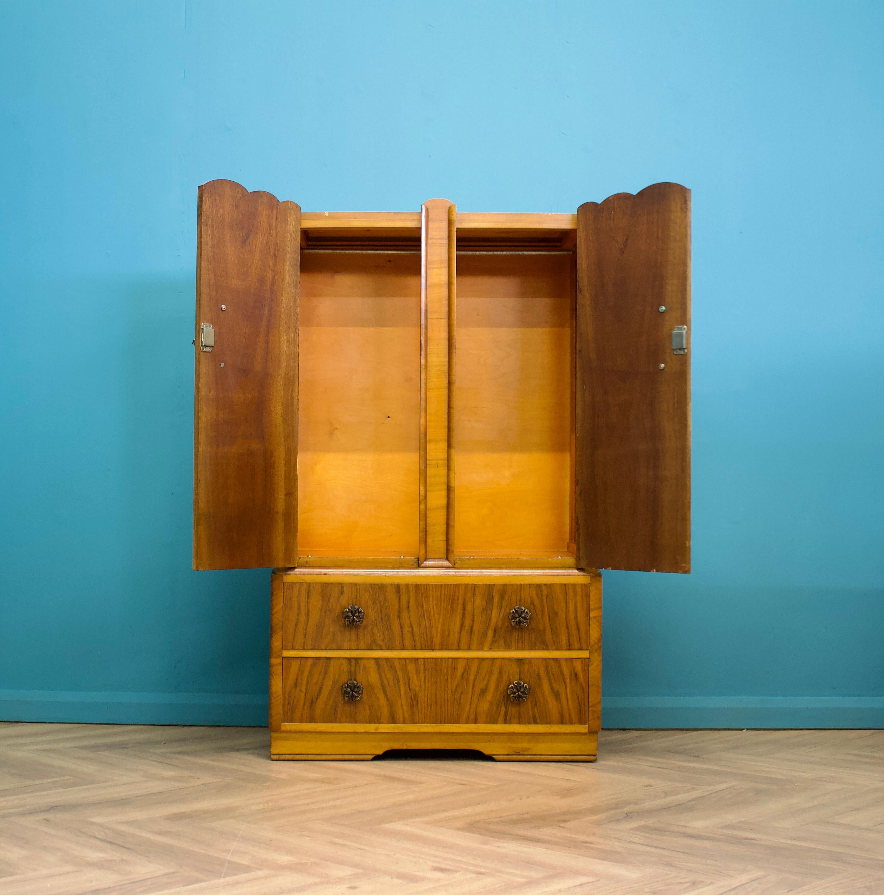 Mid-20th Century Antique Vintage Art Deco Style Burr Walnut Compact Compactum Wardrobe, 1950s