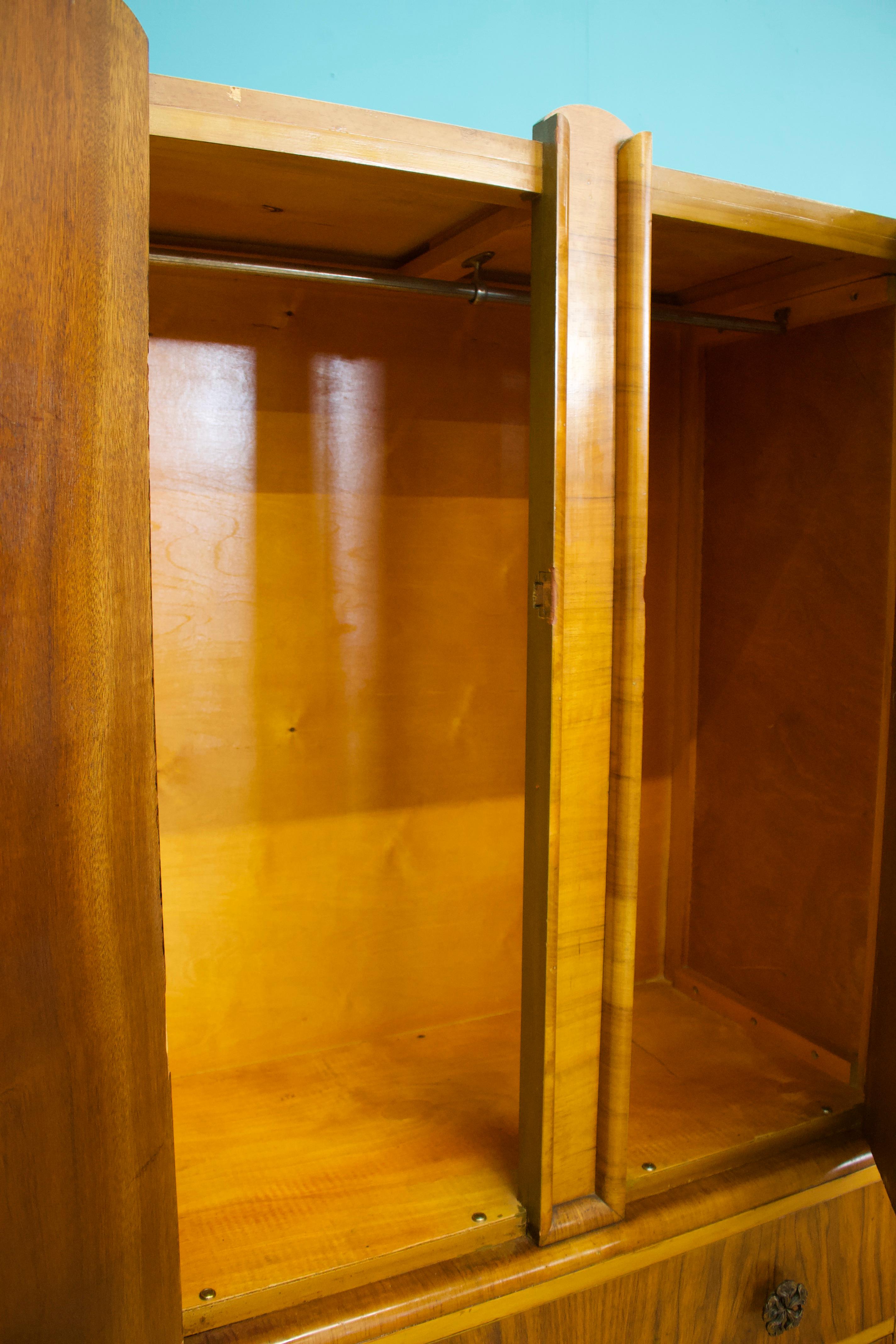 Wood Antique Vintage Art Deco Style Burr Walnut Compact Compactum Wardrobe, 1950s
