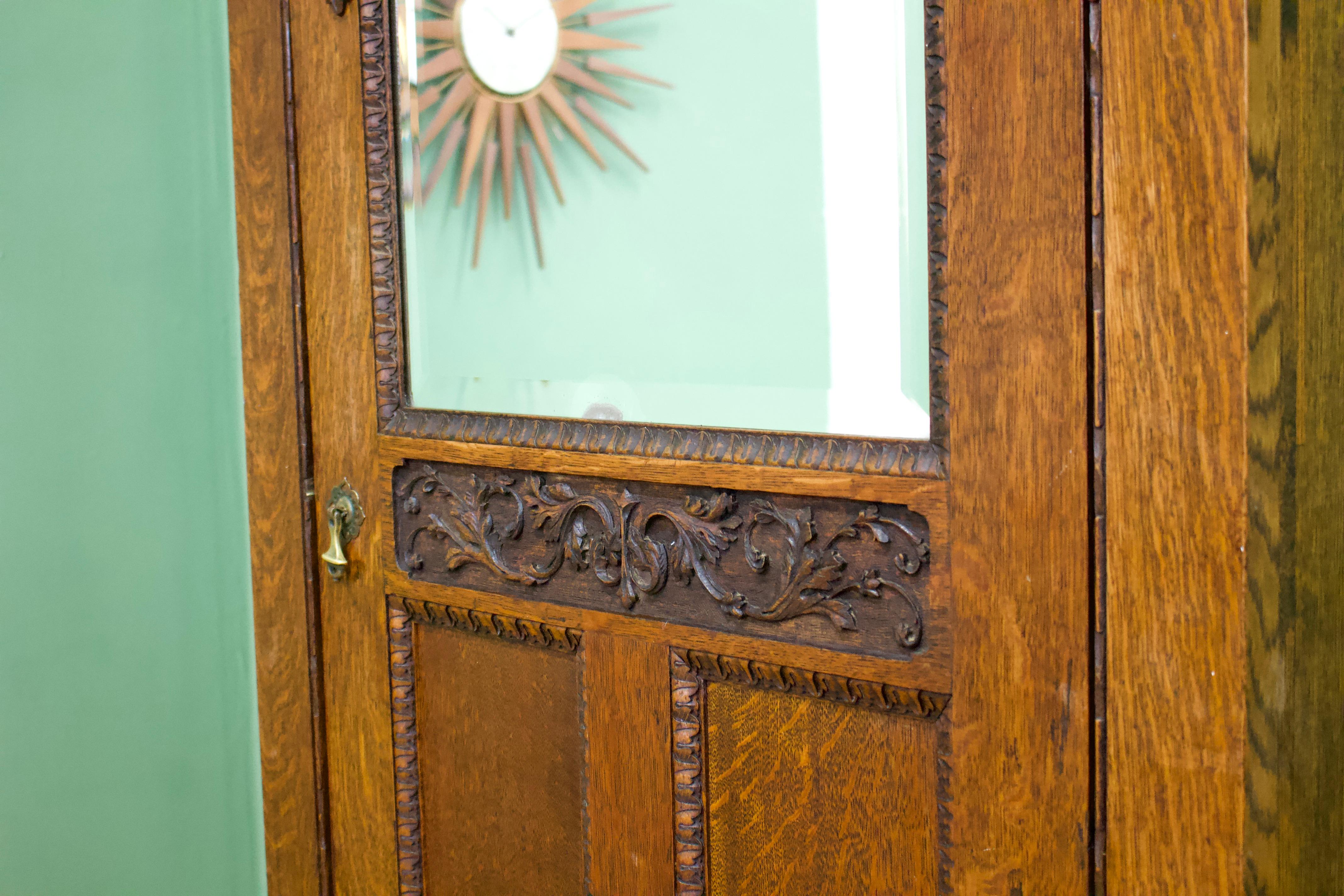 Woodwork Antique Vintage Art Nouveau Oak Hall Robe Cupboard, 1910s For Sale