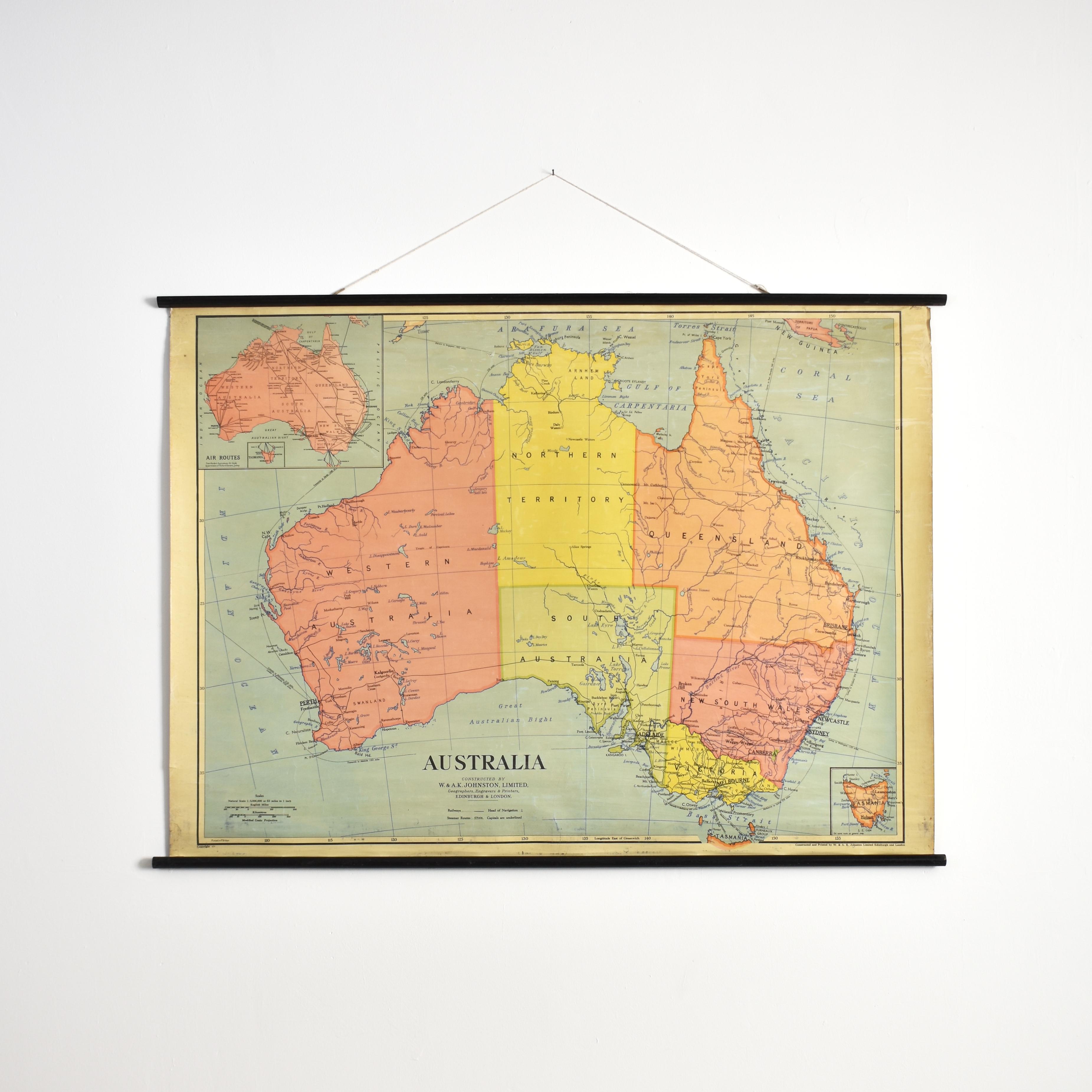 Hand-Painted Antique Vintage Australia Wall Map By W & A K Johnston For Sale