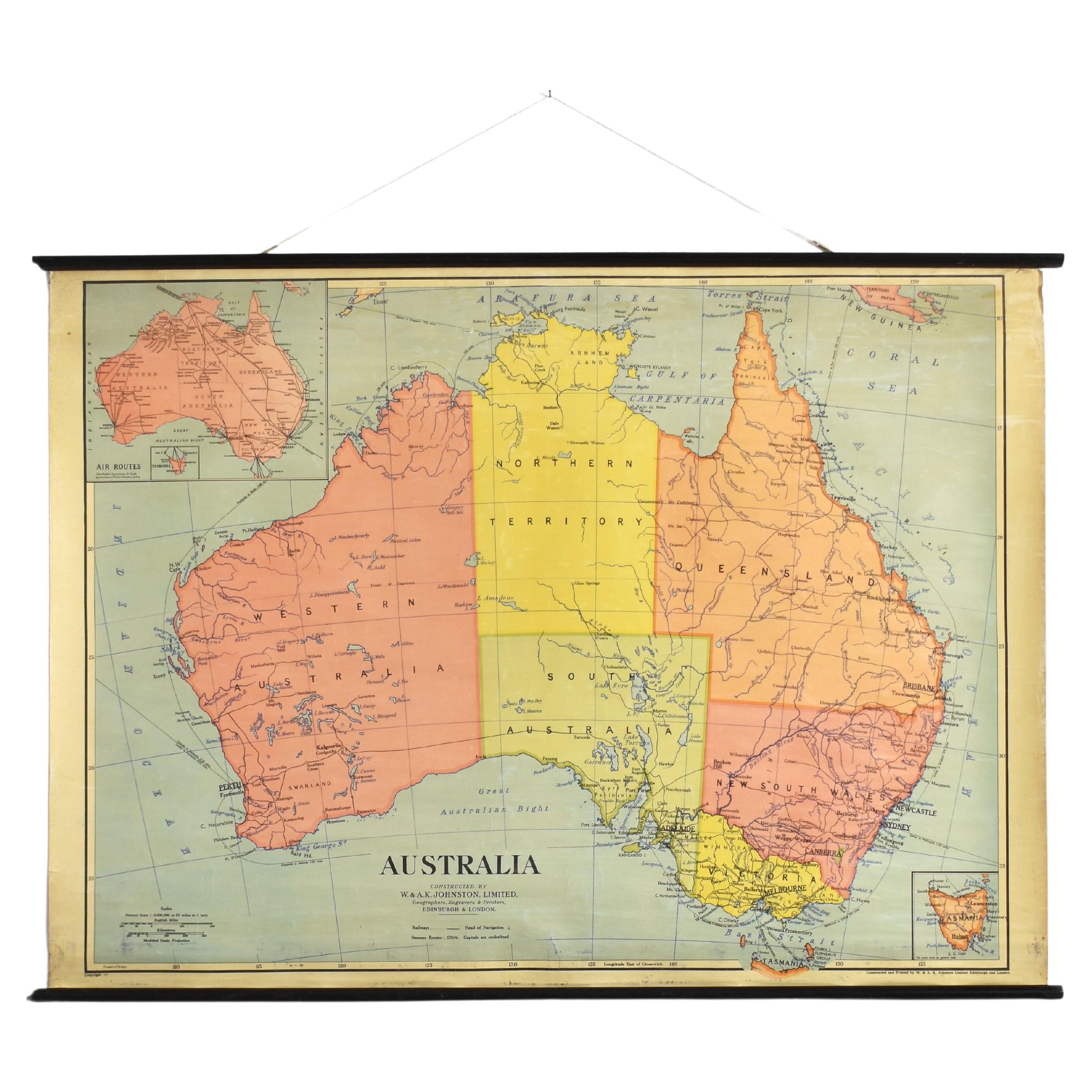 Antique Vintage Australia Wall Map By W & A K Johnston For Sale