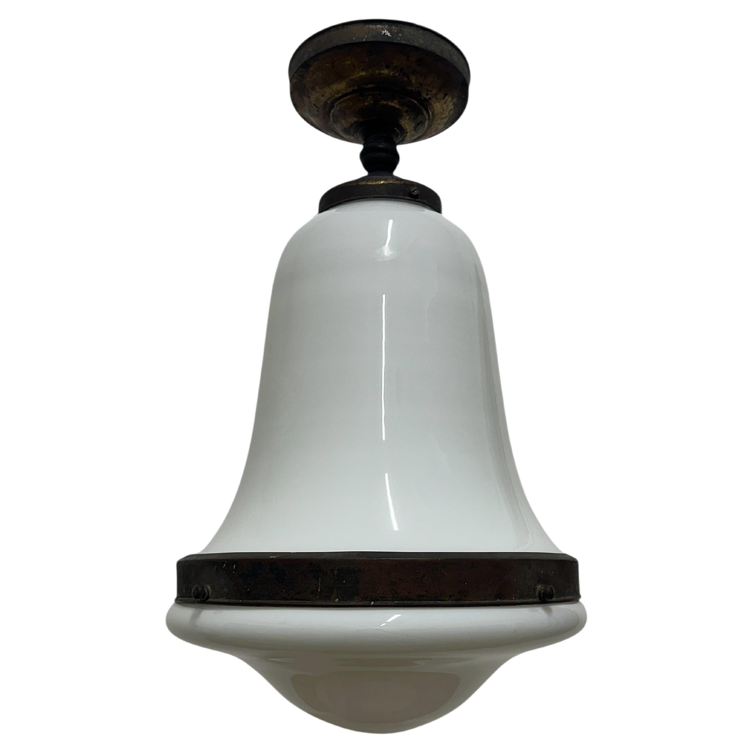Antique Vintage Bauhaus German Opaline Brass Ceiling Pendant Light Lamp By AEG en vente