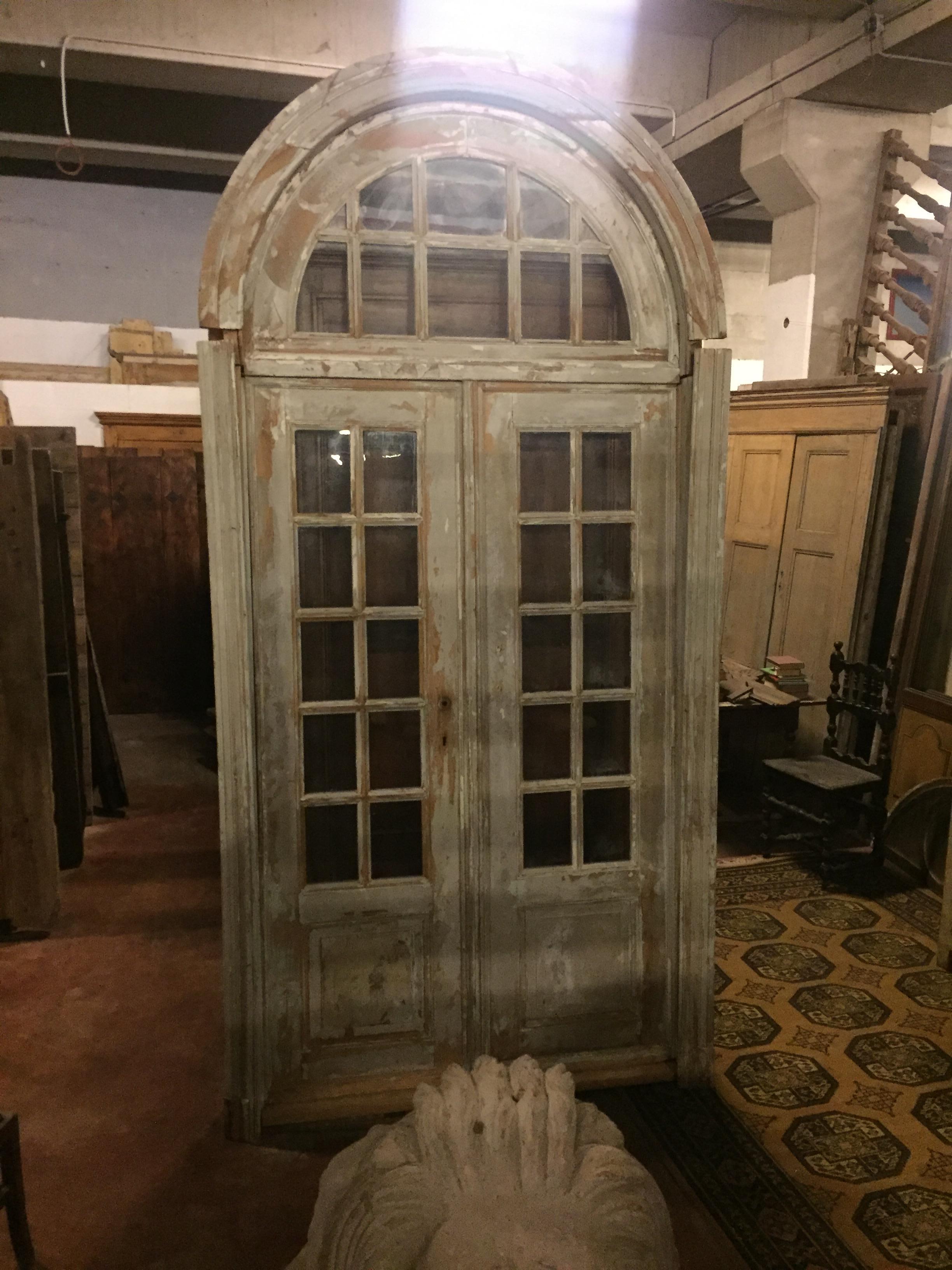 French Antique Vintage Beige Double-Glazed Door, Great Light Curtains, 1900, France