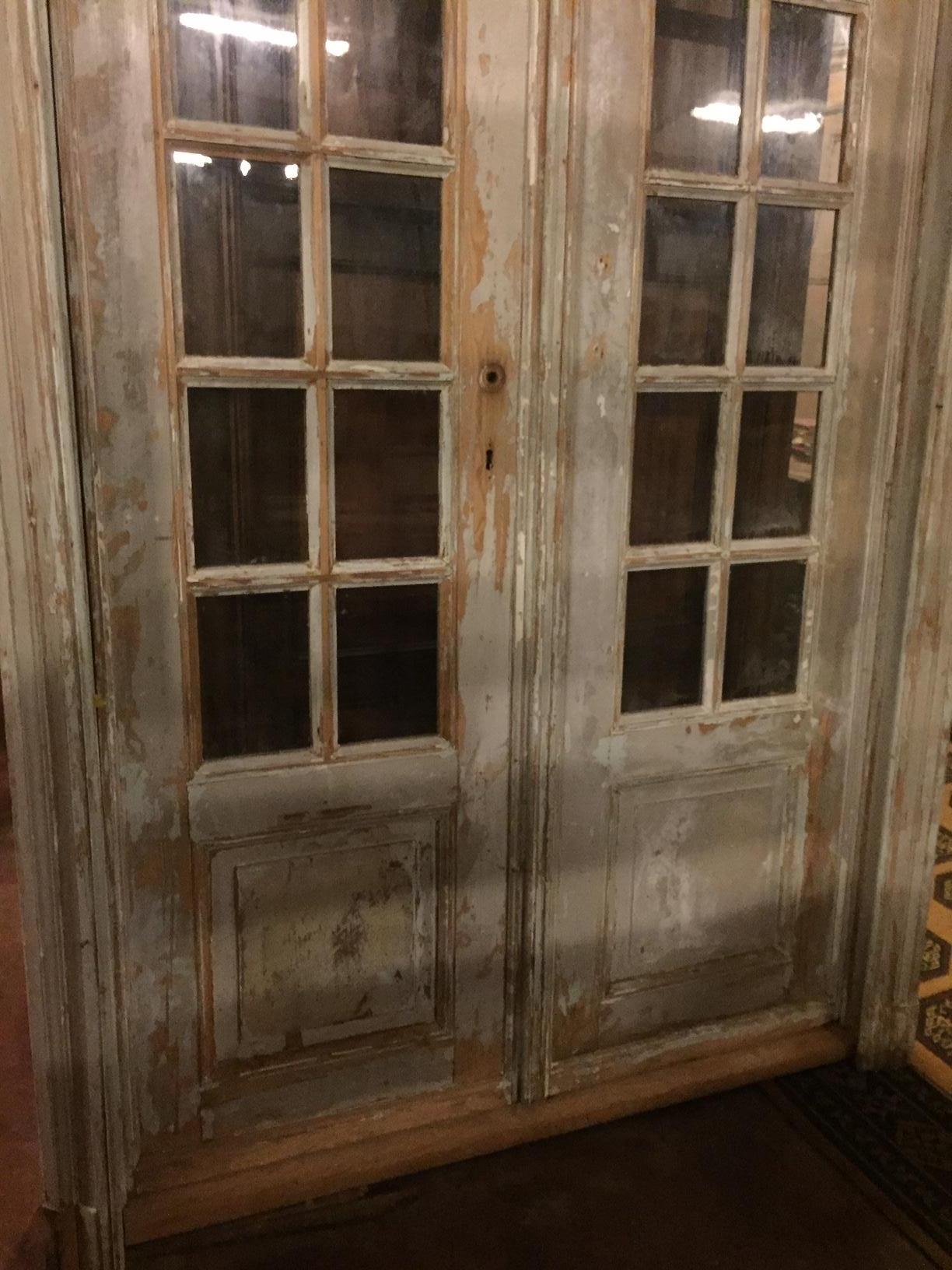 Antique Vintage Beige Double-Glazed Door, Great Light Curtains, 1900, France In Good Condition In Cuneo, Italy (CN)
