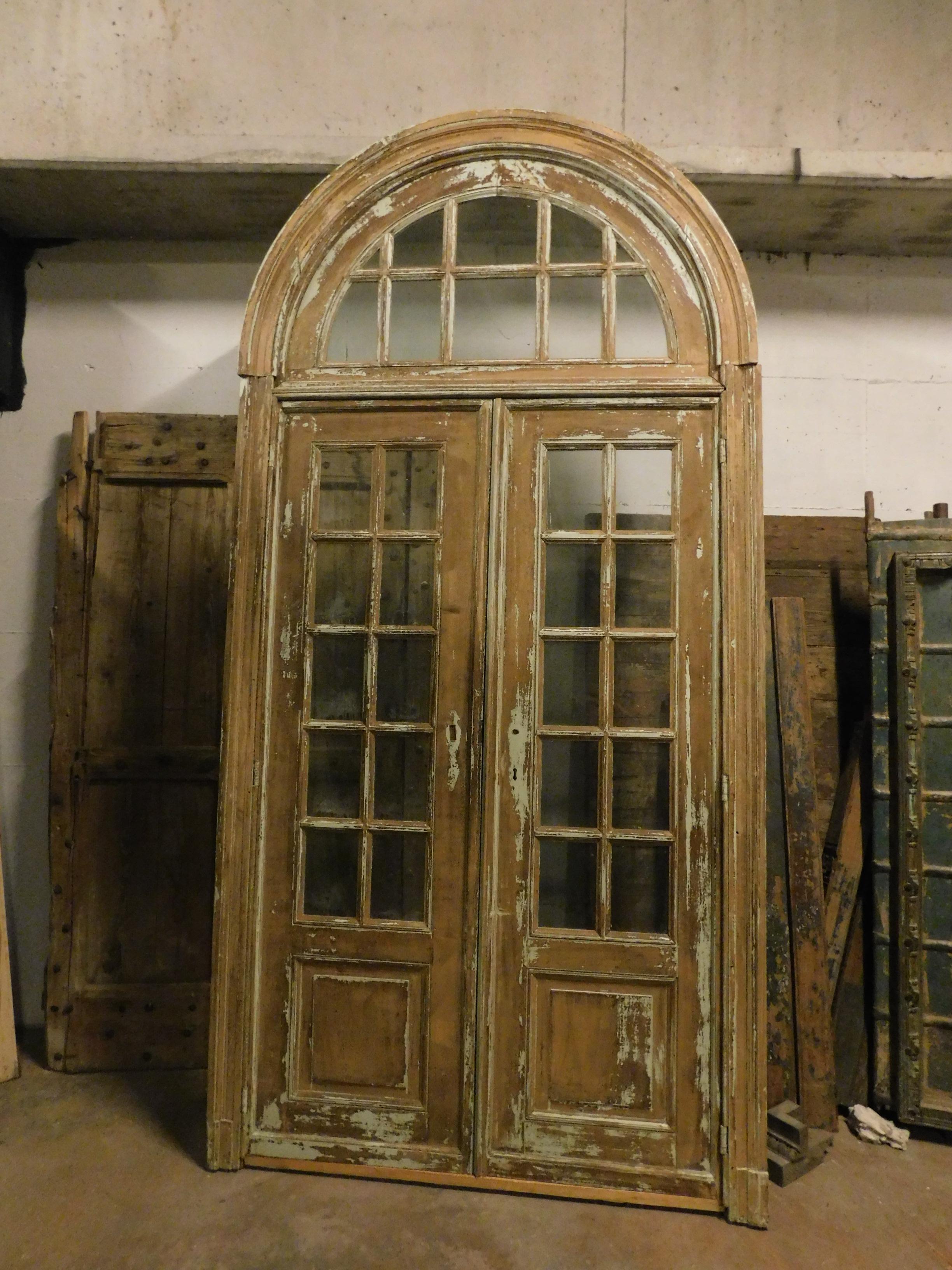 Antique Vintage Beige Double-Glazed Door, Great Light Curtains, 1900, France 1