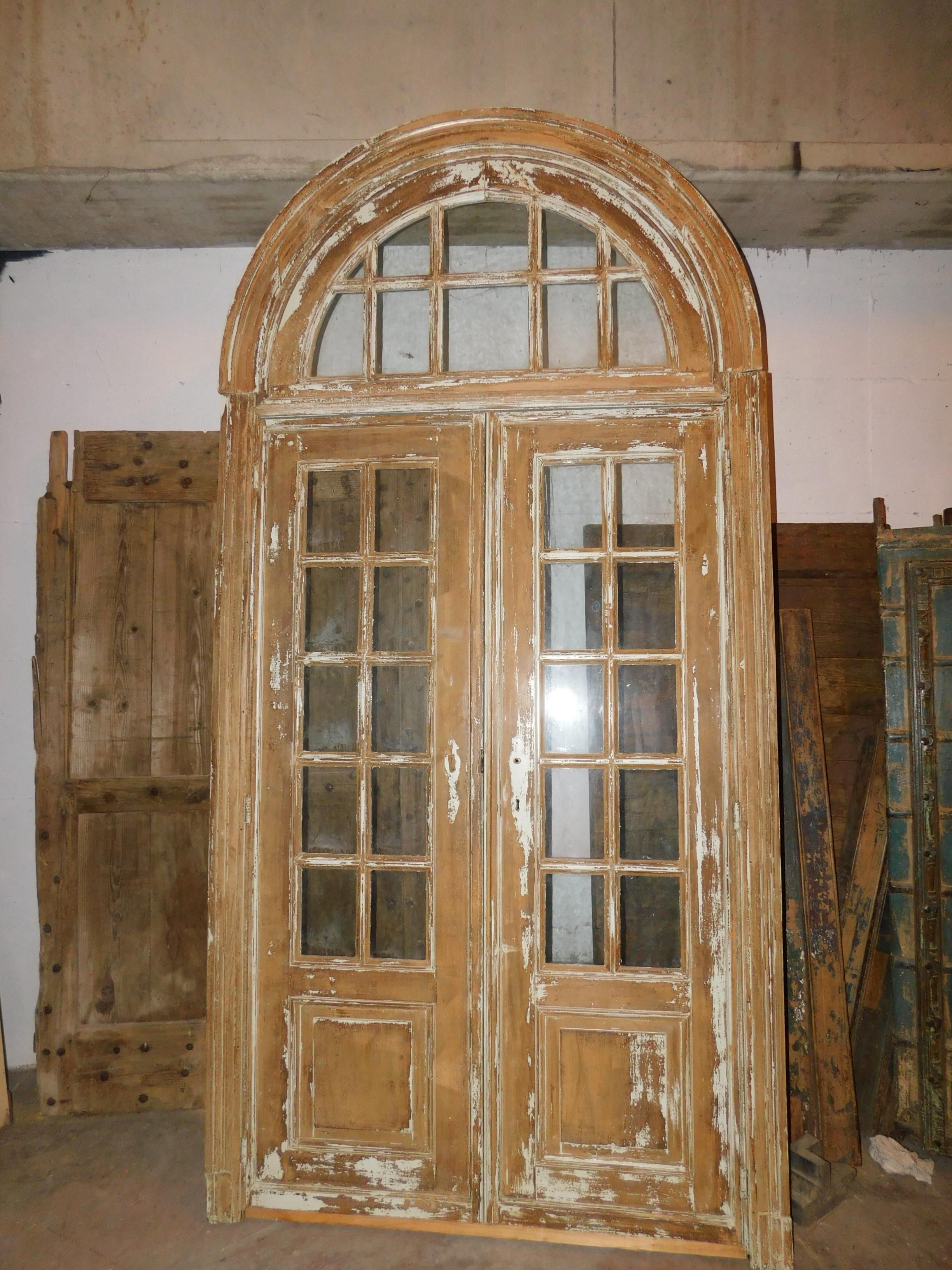 Antique Vintage Beige Double-Glazed Door, Great Light Curtains, 1900, France 2