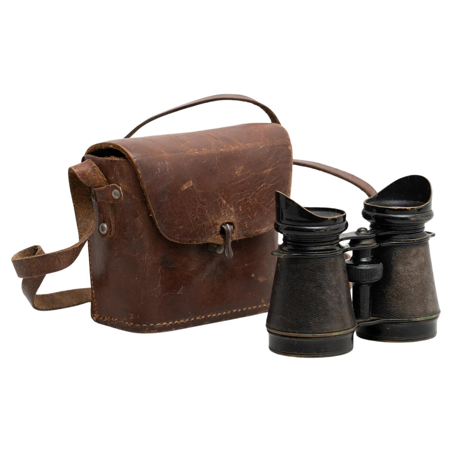 Antique Vintage Binoculars on a Leather Case, circa 1950 For Sale