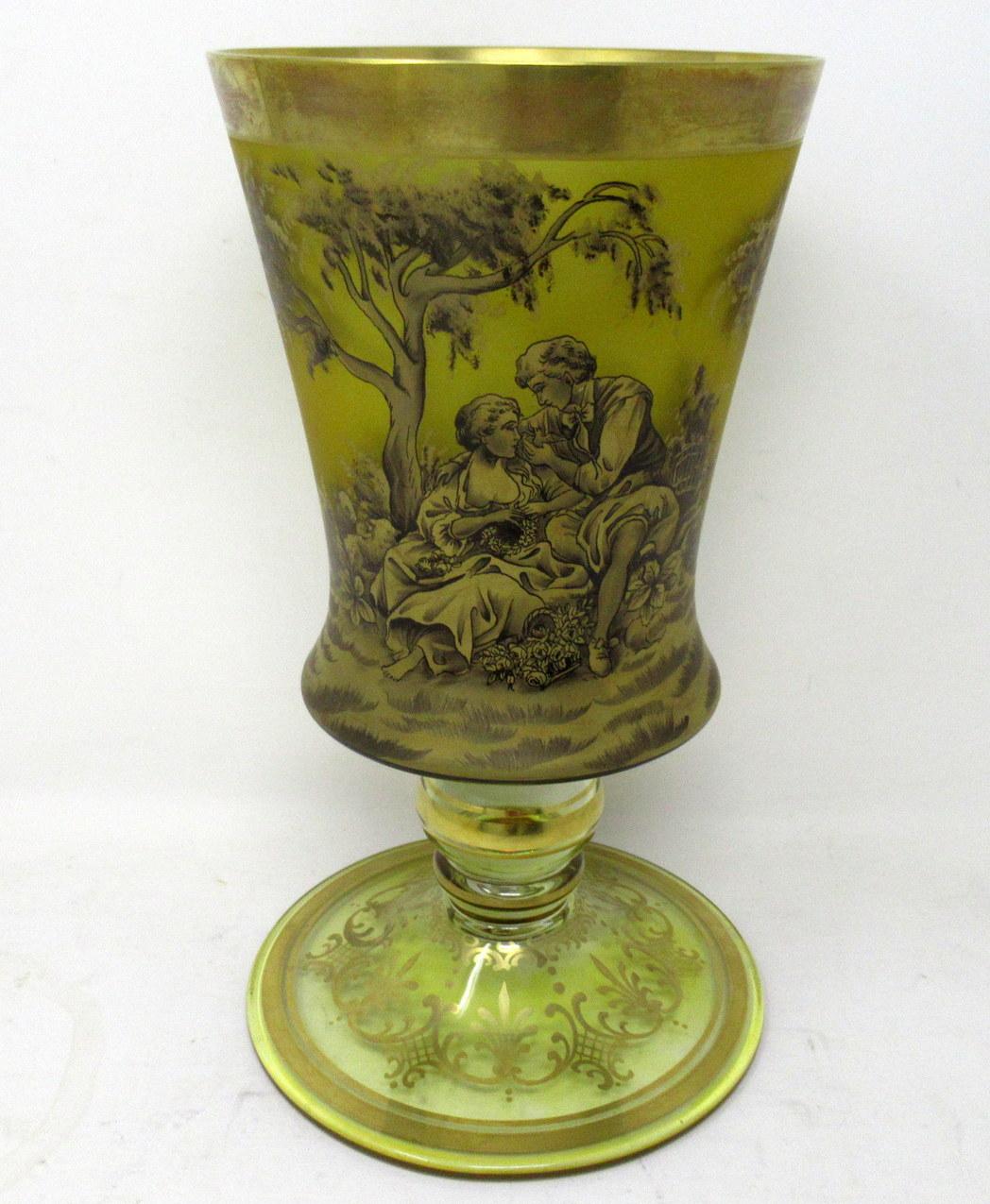 Antique Vintage Bohemian Amber Engraved Glass Goblet Urn Vase Landscape Scene 2