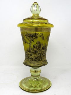 Antique Vintage Bohemian Amber Engraved Glass Goblet Urn Vase Landscape Scene