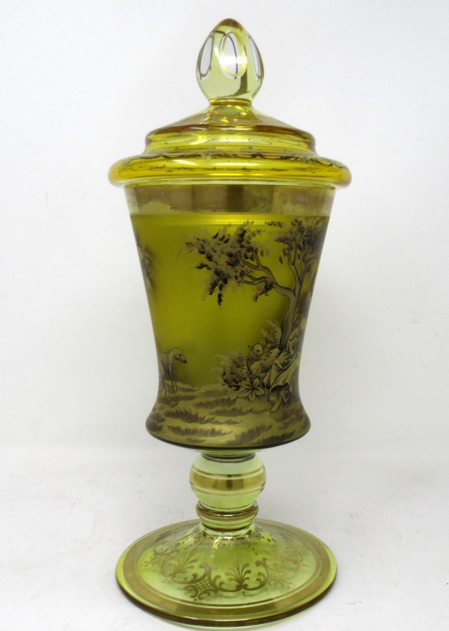Edwardian Antique Vintage Bohemian Amber Engraved Glass Goblet Urn Vase Landscape Scene