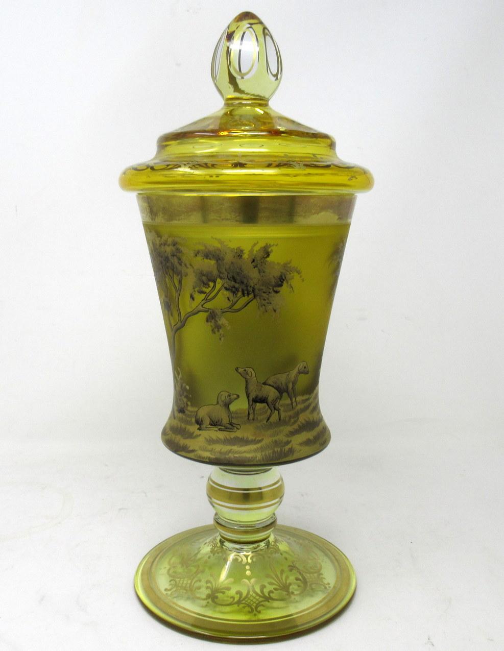 Czech Antique Vintage Bohemian Amber Engraved Glass Goblet Urn Vase Landscape Scene