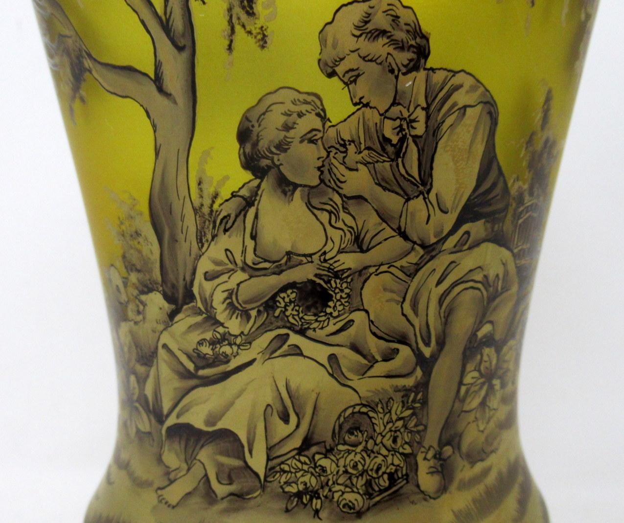 Polished Antique Vintage Bohemian Amber Engraved Glass Goblet Urn Vase Landscape Scene