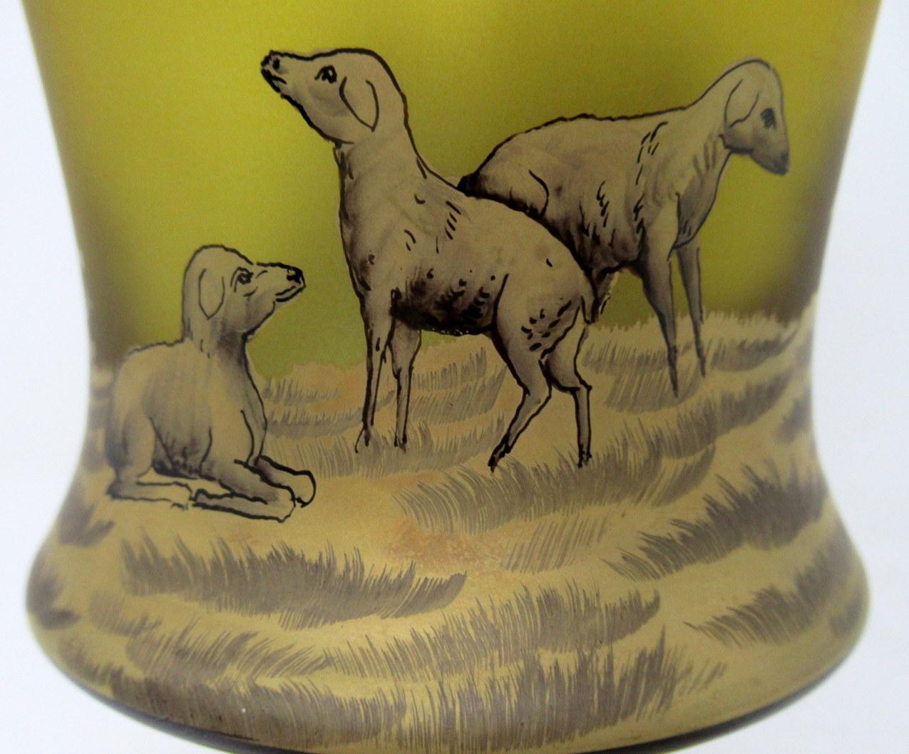 19th Century Antique Vintage Bohemian Amber Engraved Glass Goblet Urn Vase Landscape Scene