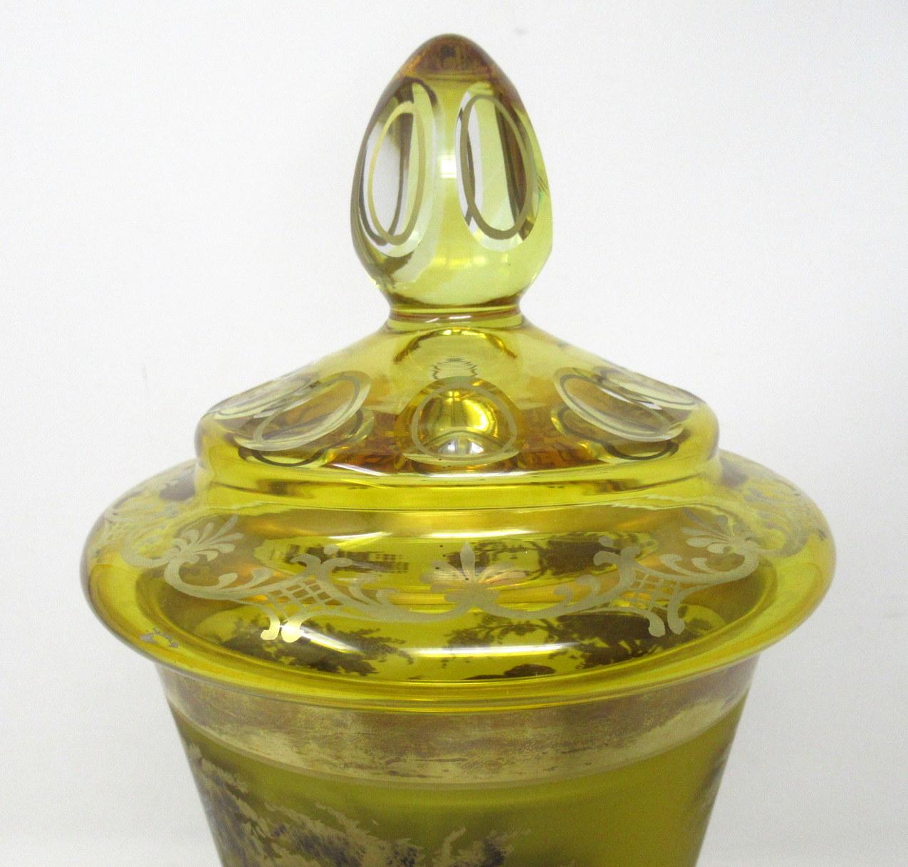 Crystal Antique Vintage Bohemian Amber Engraved Glass Goblet Urn Vase Landscape Scene