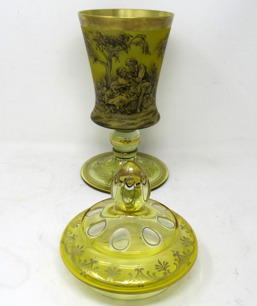 Antique Vintage Bohemian Amber Engraved Glass Goblet Urn Vase Landscape Scene 1